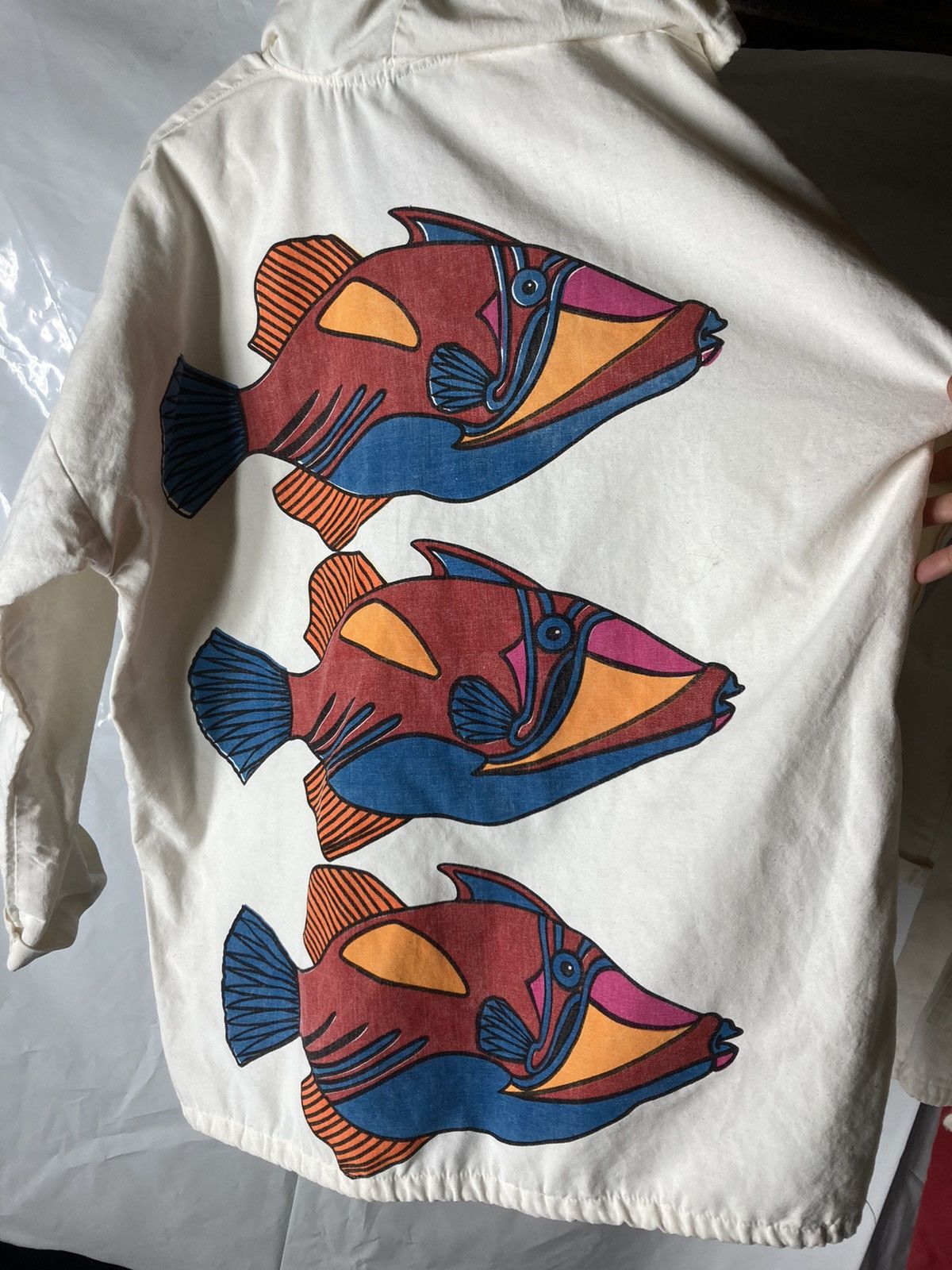 Vintage Michigan rag co long boating coat large neon fishes fish | Grailed