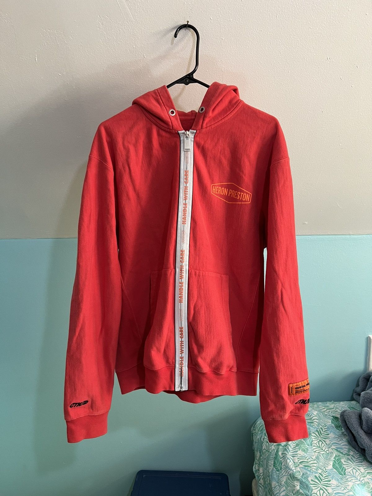 image of Heron Preston Handle With Care 3M Hoodie Size Medium in Red, Men's