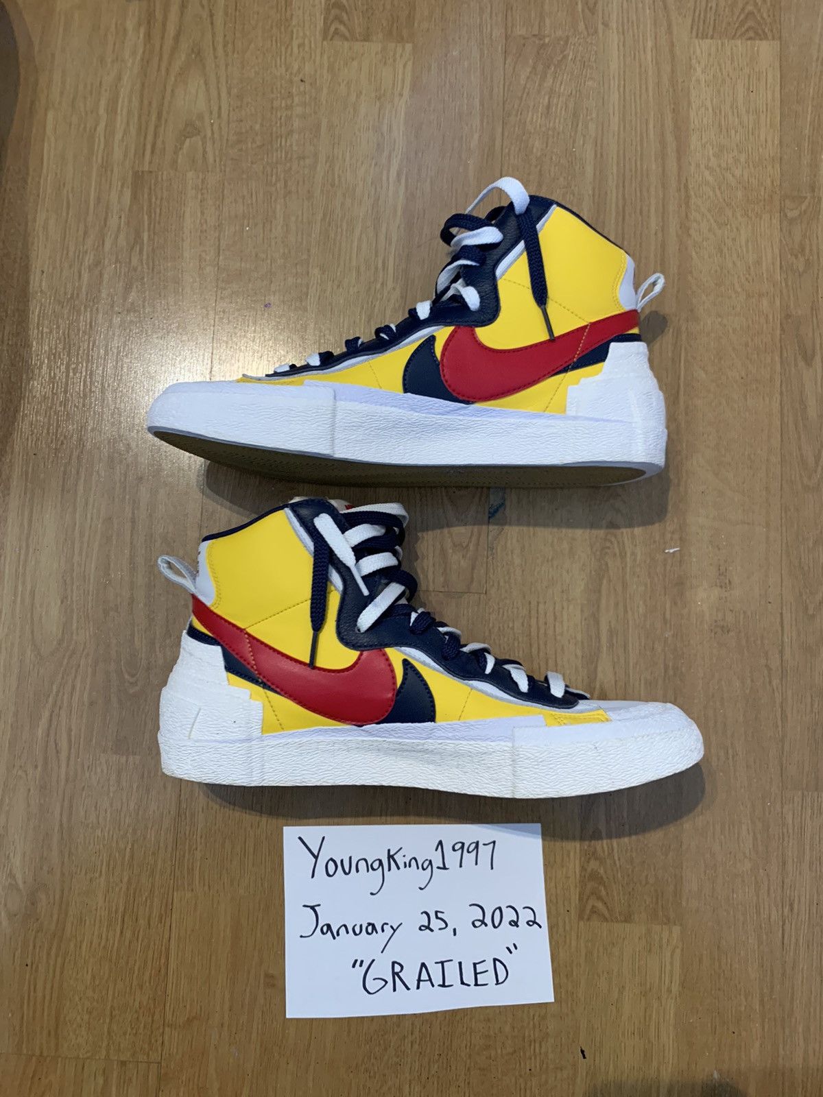Nike Sacai x Blazer Mid Maize Navy 2019 Size US 11.5 / EU 44-45 - 2 Thumbnail