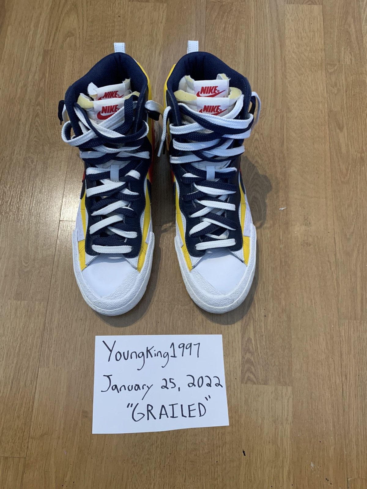 Nike Sacai x Blazer Mid Maize Navy 2019 Size US 11.5 / EU 44-45 - 3 Thumbnail