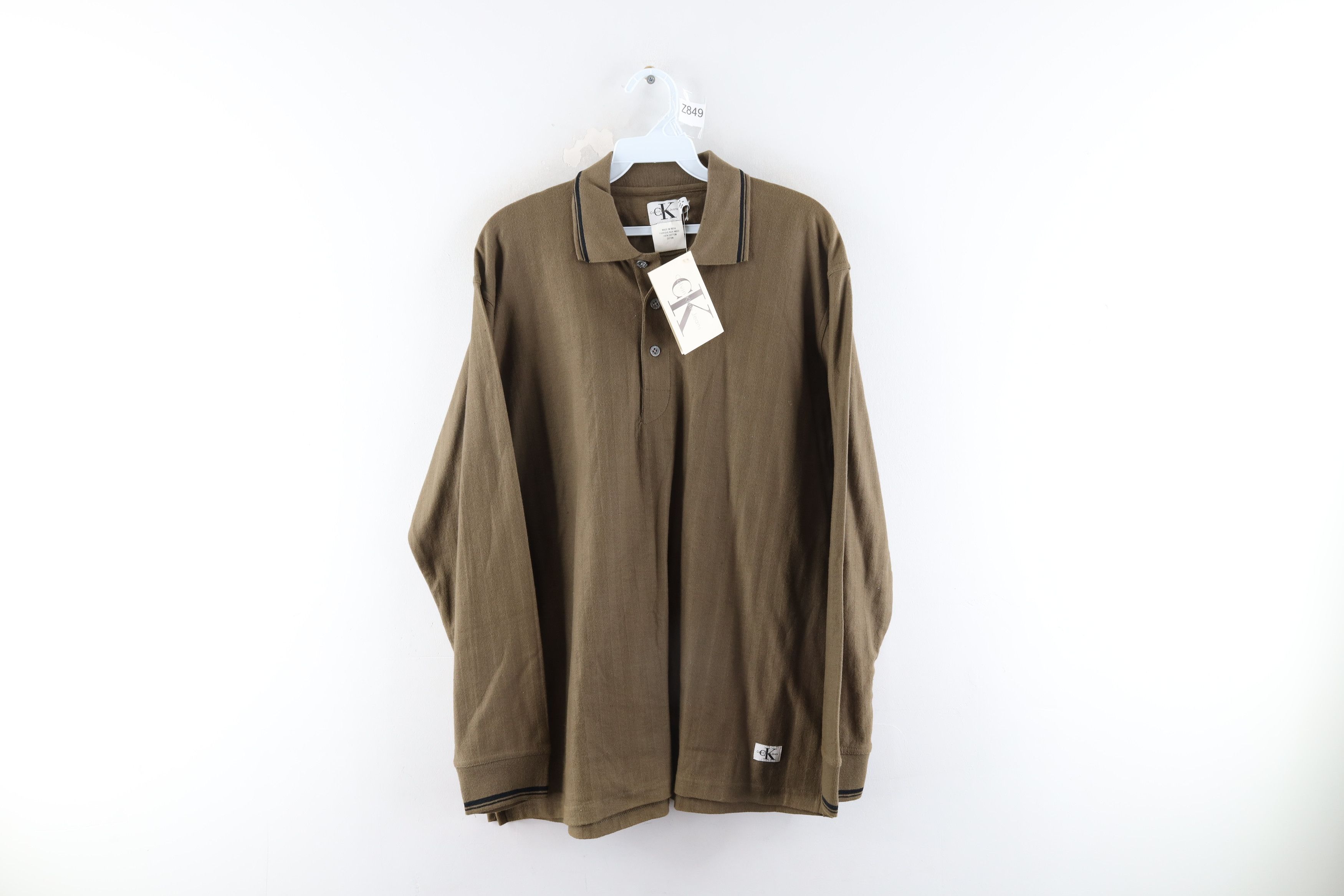 Calvin Klein × Vintage NOS Vintage 90s Calvin Klein Striped Long Sleeve Polo Olive Size US M / EU 48-50 / 2 - 1 Thumbnail