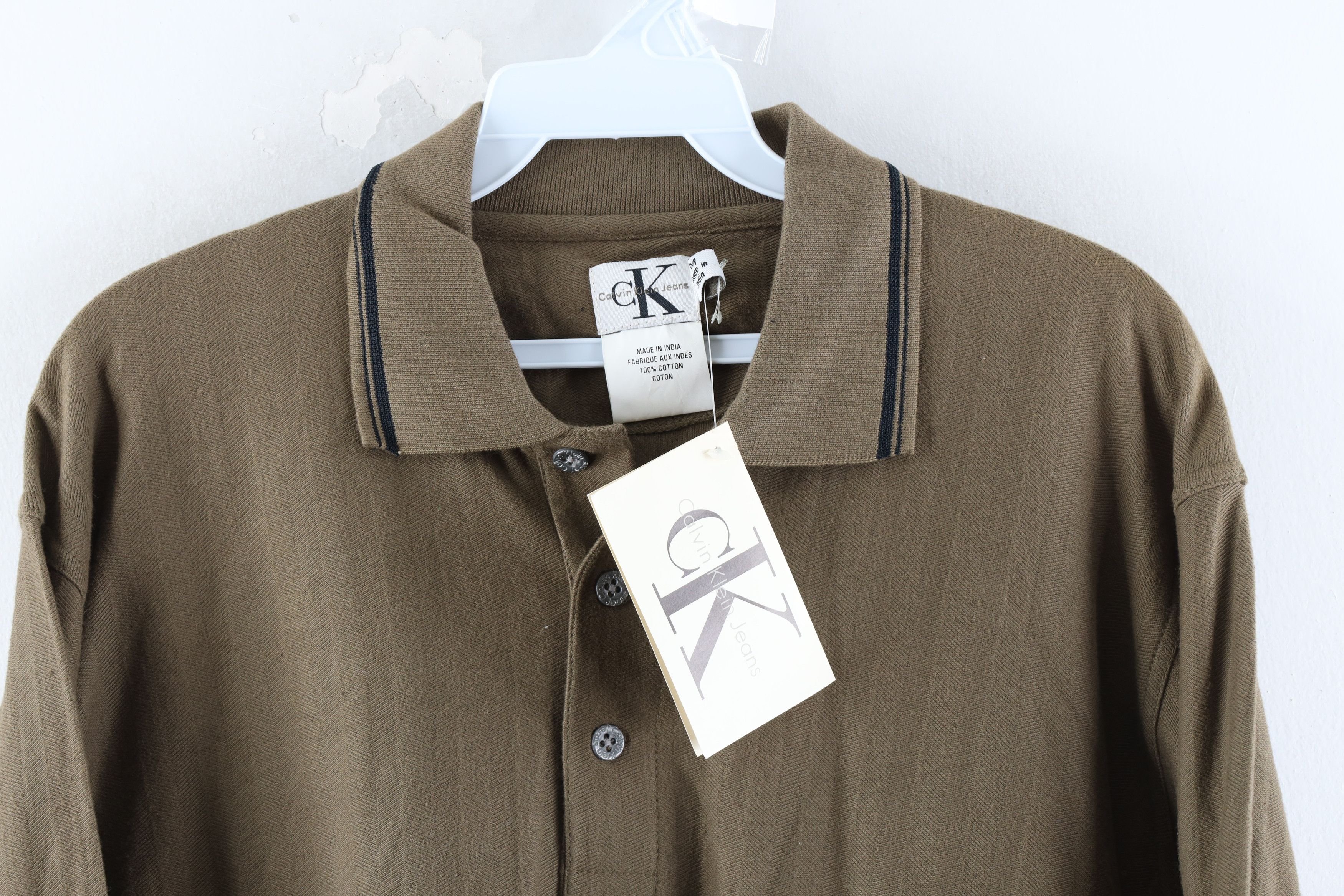Calvin Klein × Vintage NOS Vintage 90s Calvin Klein Striped Long Sleeve Polo Olive Size US M / EU 48-50 / 2 - 2 Thumbnail