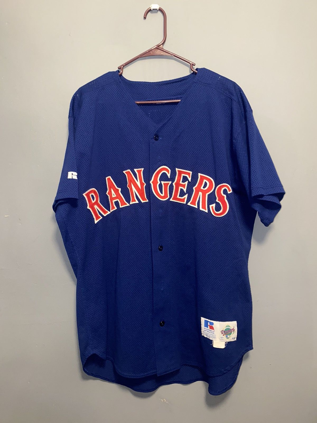 Men's Large Texas Rangers MLB Cotton Jersey Vtg USA Russell