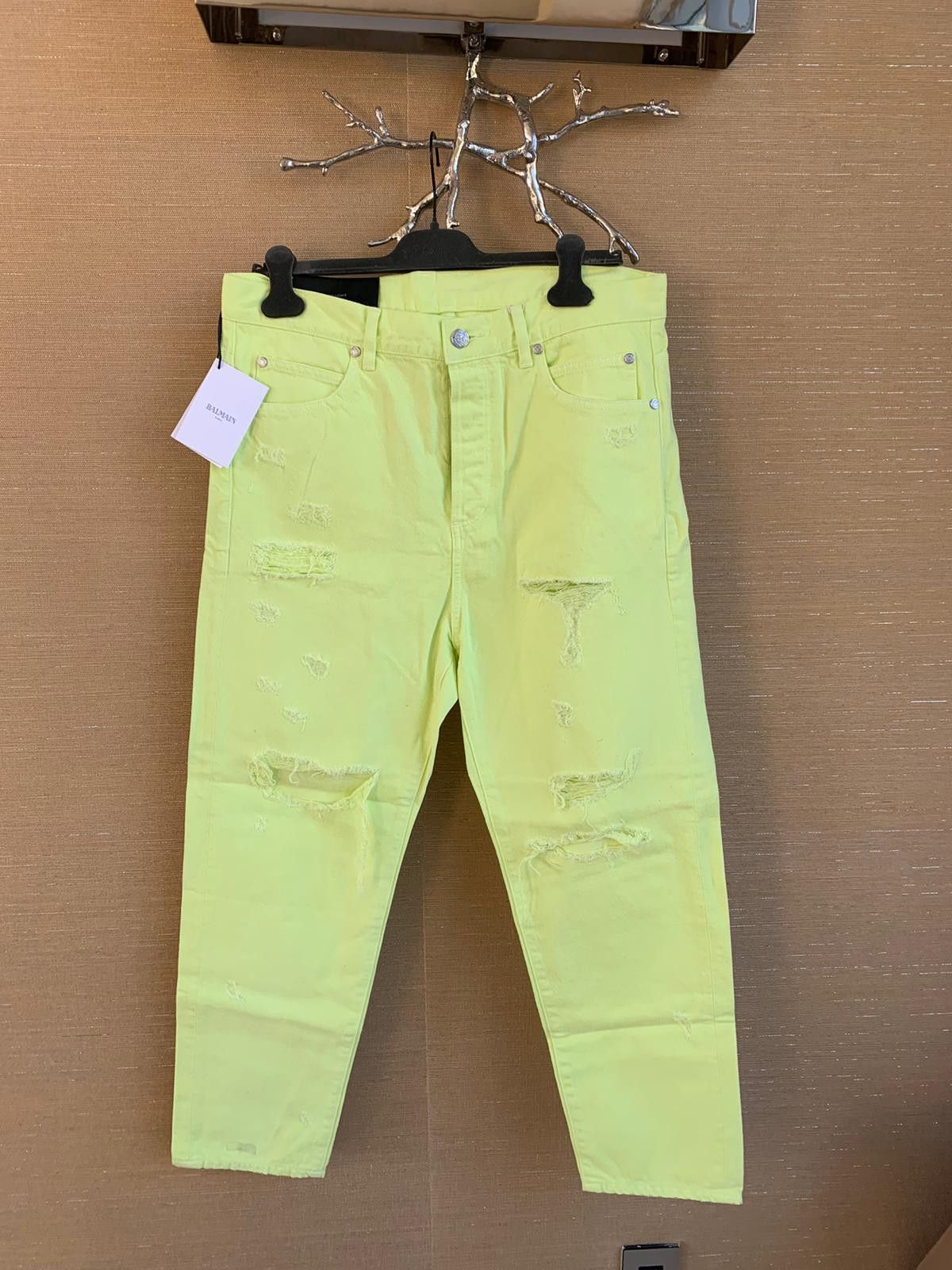 image of Balmain Distressed Straight Denim In Yellow, Men's (Size 32)
