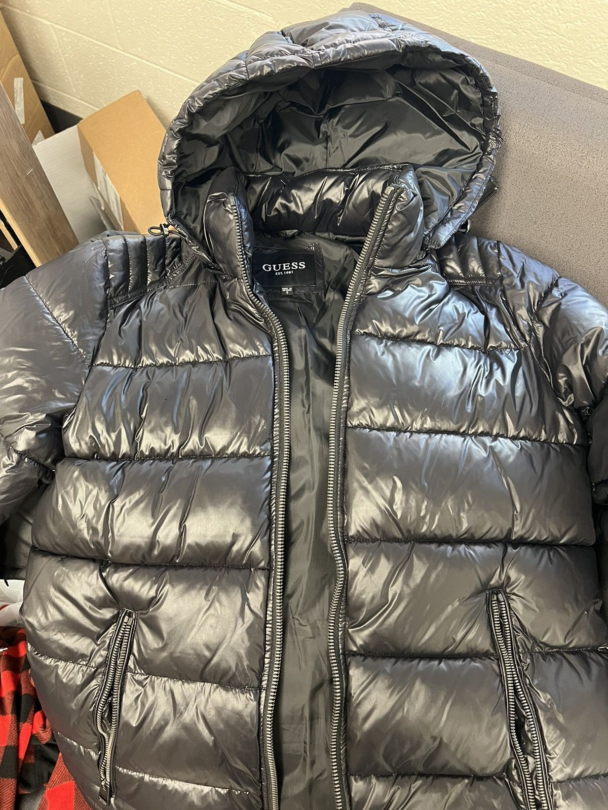 GUESS Black Hooded Puffer Coat
