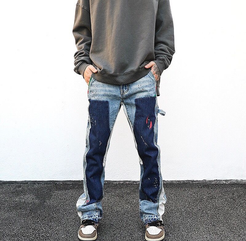 Denim Detail Flared Flare Hammer Loop Paint Splatter Pants