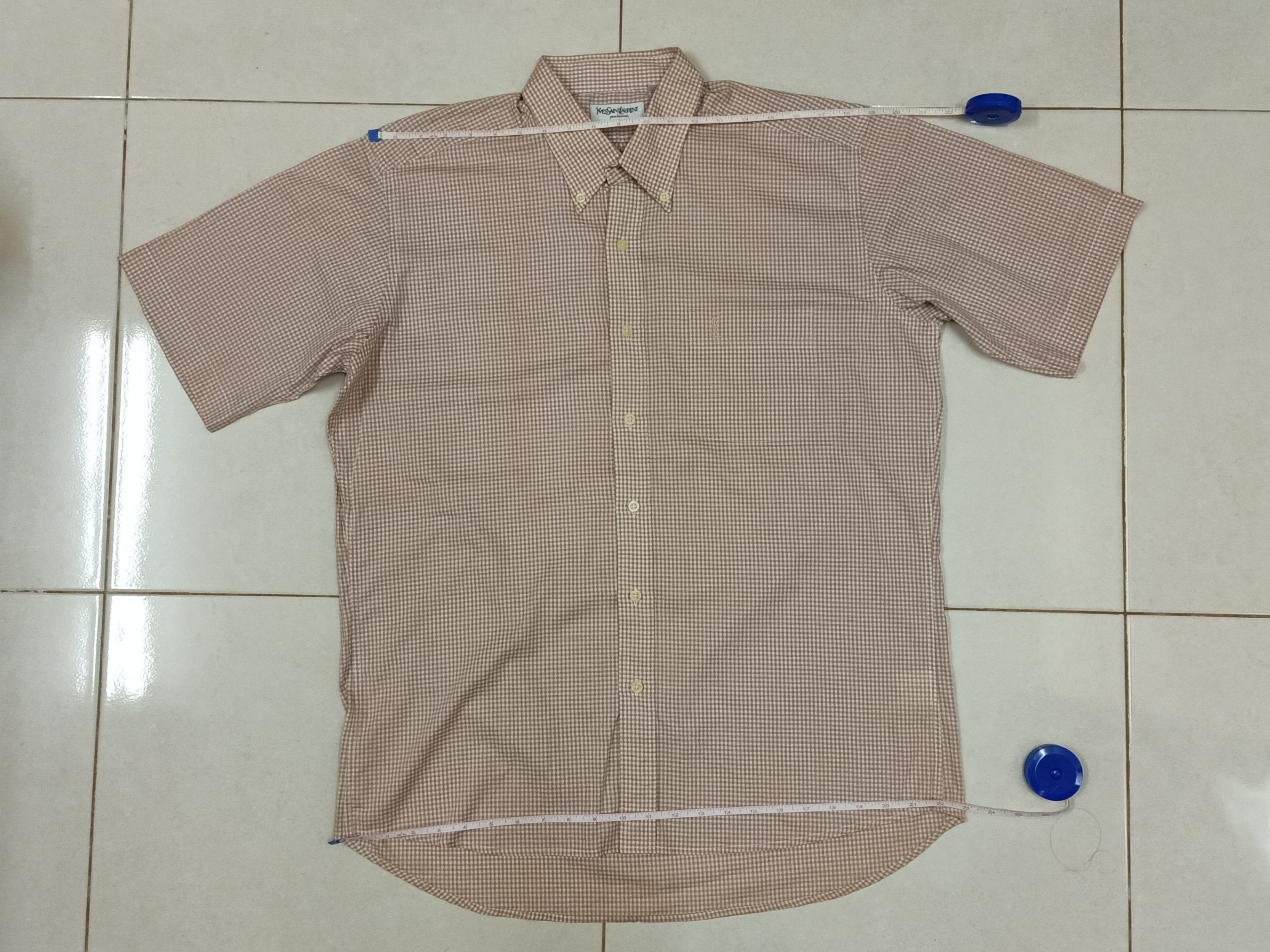 Vintage × Yves Saint Laurent YVES SAINT LAURENT Pour Homme Peach Checkered Shirts. Size US L / EU 52-54 / 3 - 12 Thumbnail