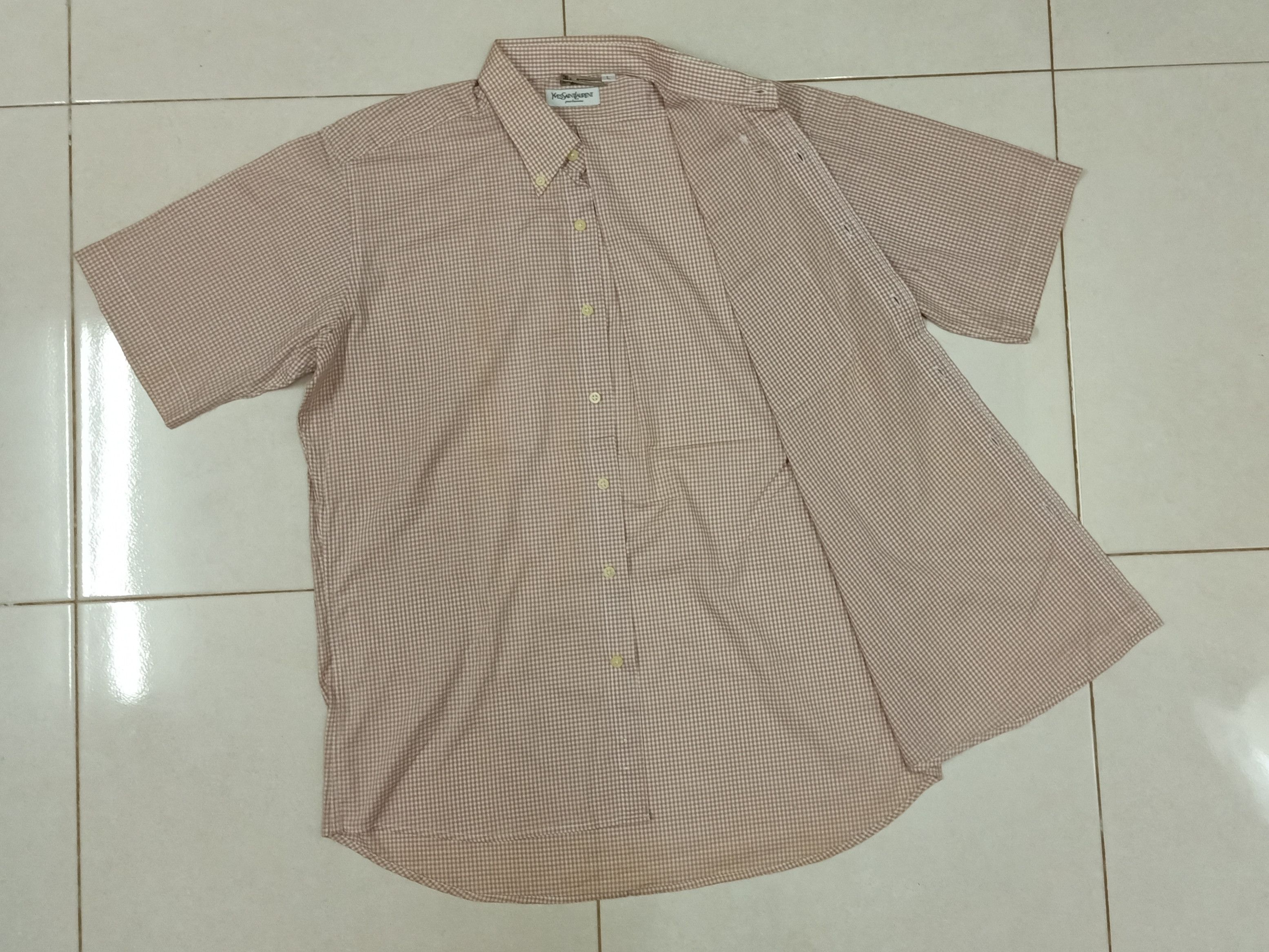 Vintage × Yves Saint Laurent YVES SAINT LAURENT Pour Homme Peach Checkered Shirts. Size US L / EU 52-54 / 3 - 4 Thumbnail