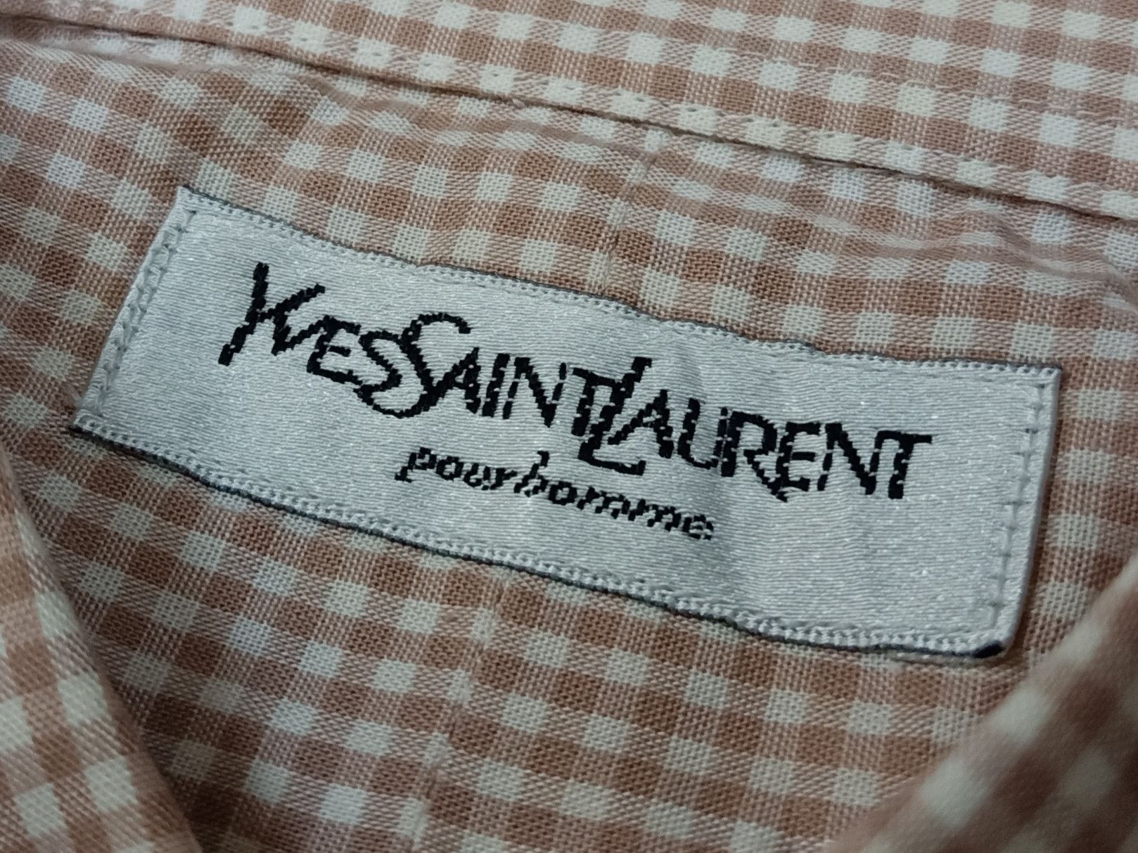 Vintage × Yves Saint Laurent YVES SAINT LAURENT Pour Homme Peach Checkered Shirts. Size US L / EU 52-54 / 3 - 7 Thumbnail