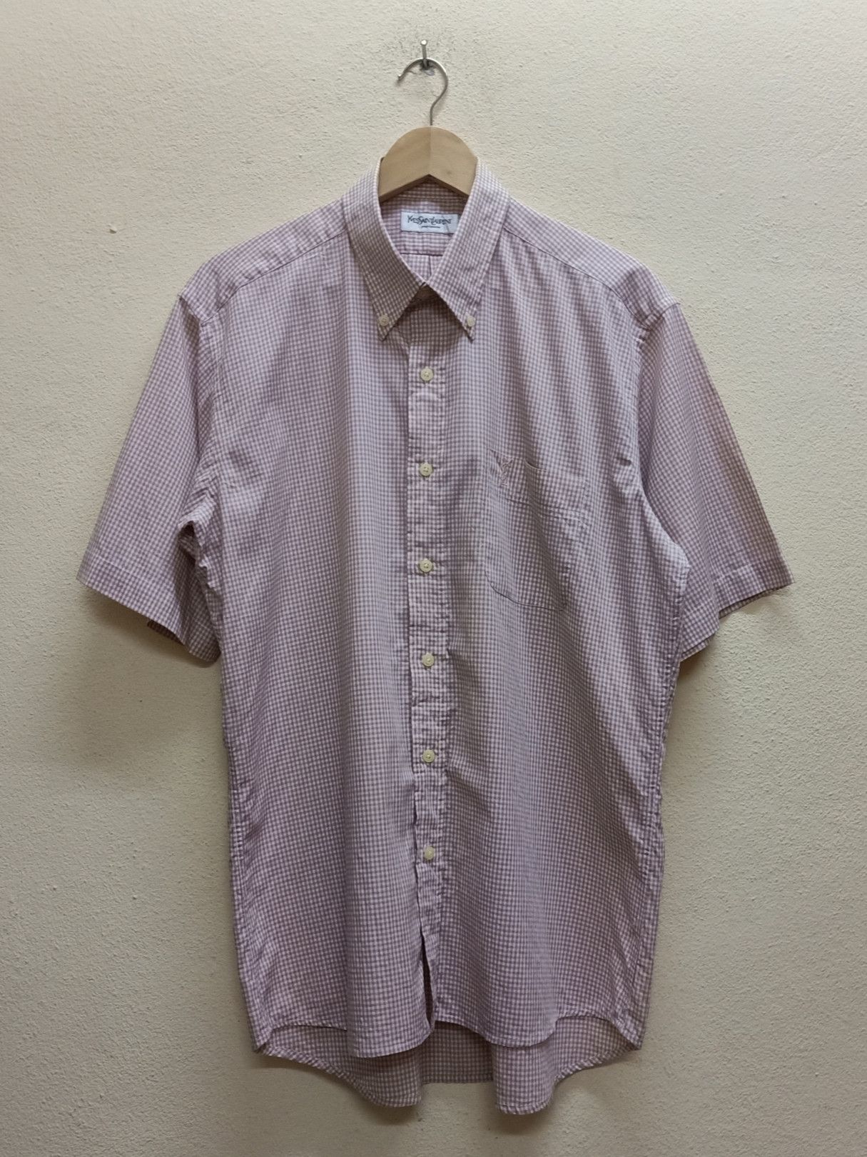 Vintage × Yves Saint Laurent YVES SAINT LAURENT Pour Homme Peach Checkered Shirts. Size US L / EU 52-54 / 3 - 1 Thumbnail