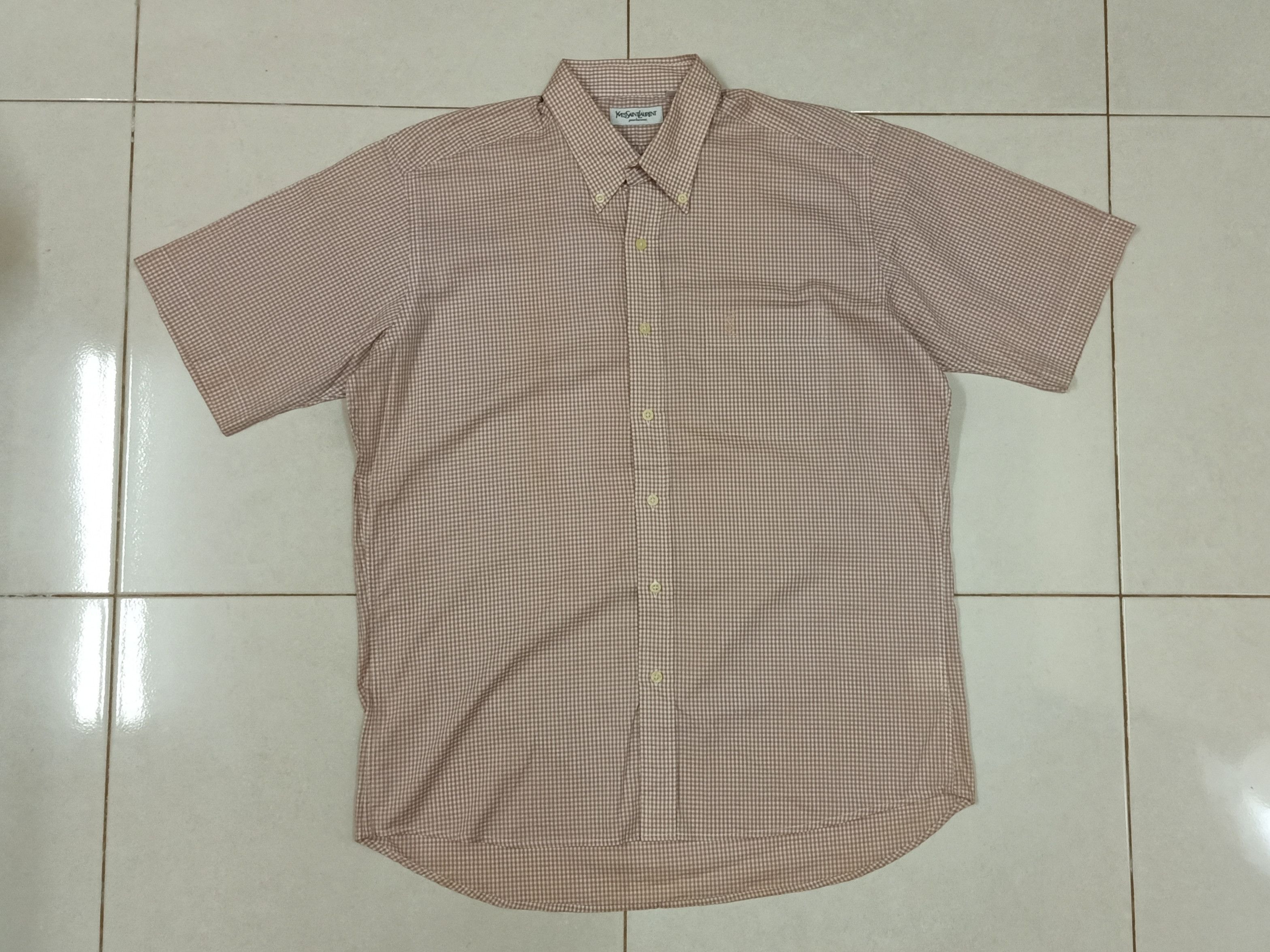 Vintage × Yves Saint Laurent YVES SAINT LAURENT Pour Homme Peach Checkered Shirts. Size US L / EU 52-54 / 3 - 3 Thumbnail