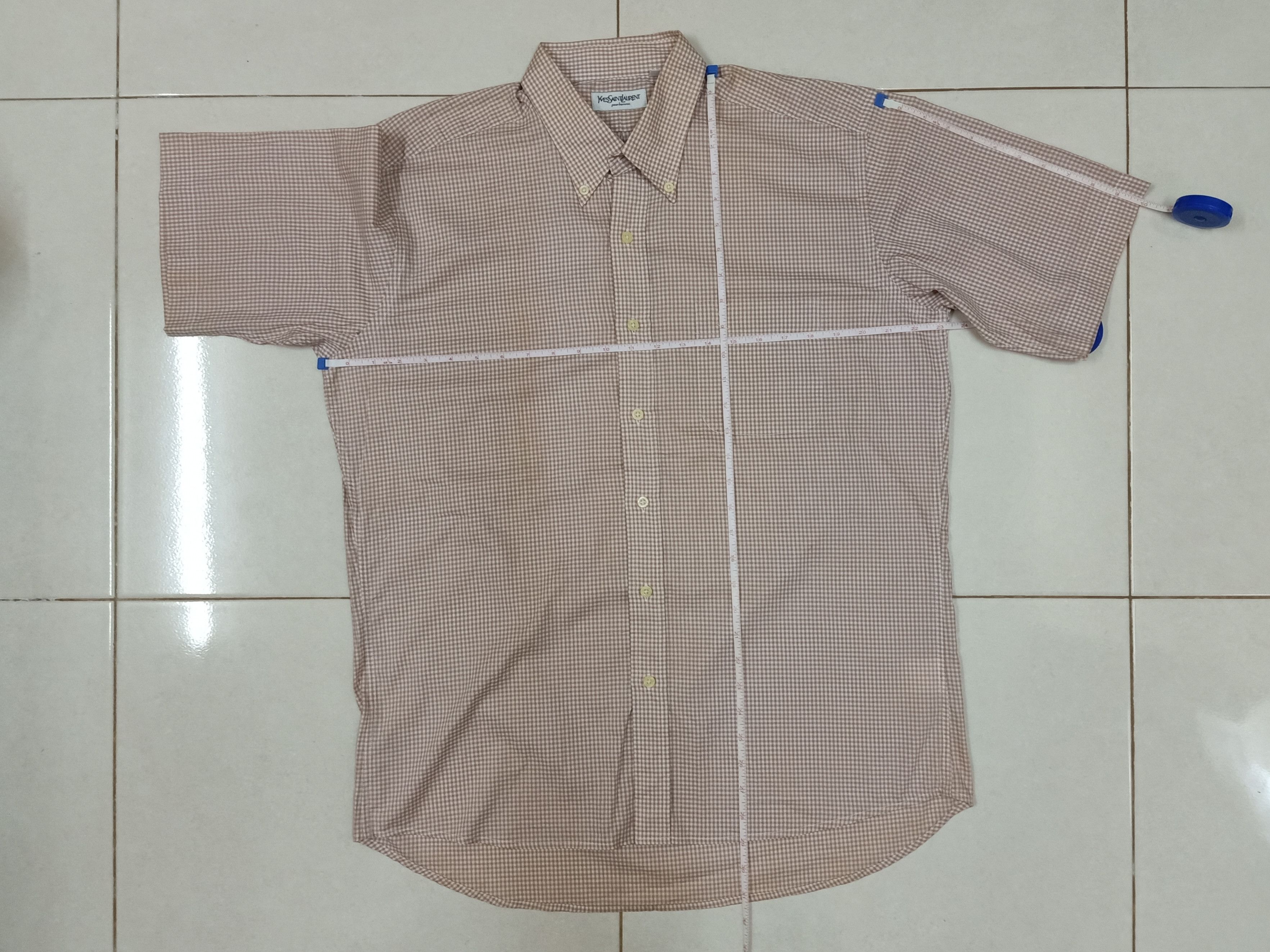 Vintage × Yves Saint Laurent YVES SAINT LAURENT Pour Homme Peach Checkered Shirts. Size US L / EU 52-54 / 3 - 11 Thumbnail