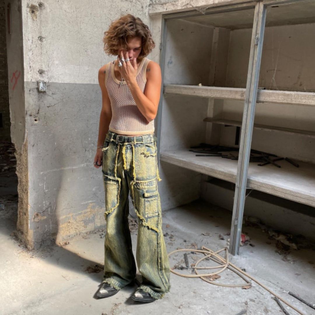 Designer No faith studios green stone wash flared denim Designer No faith studios green stone wash flared denim