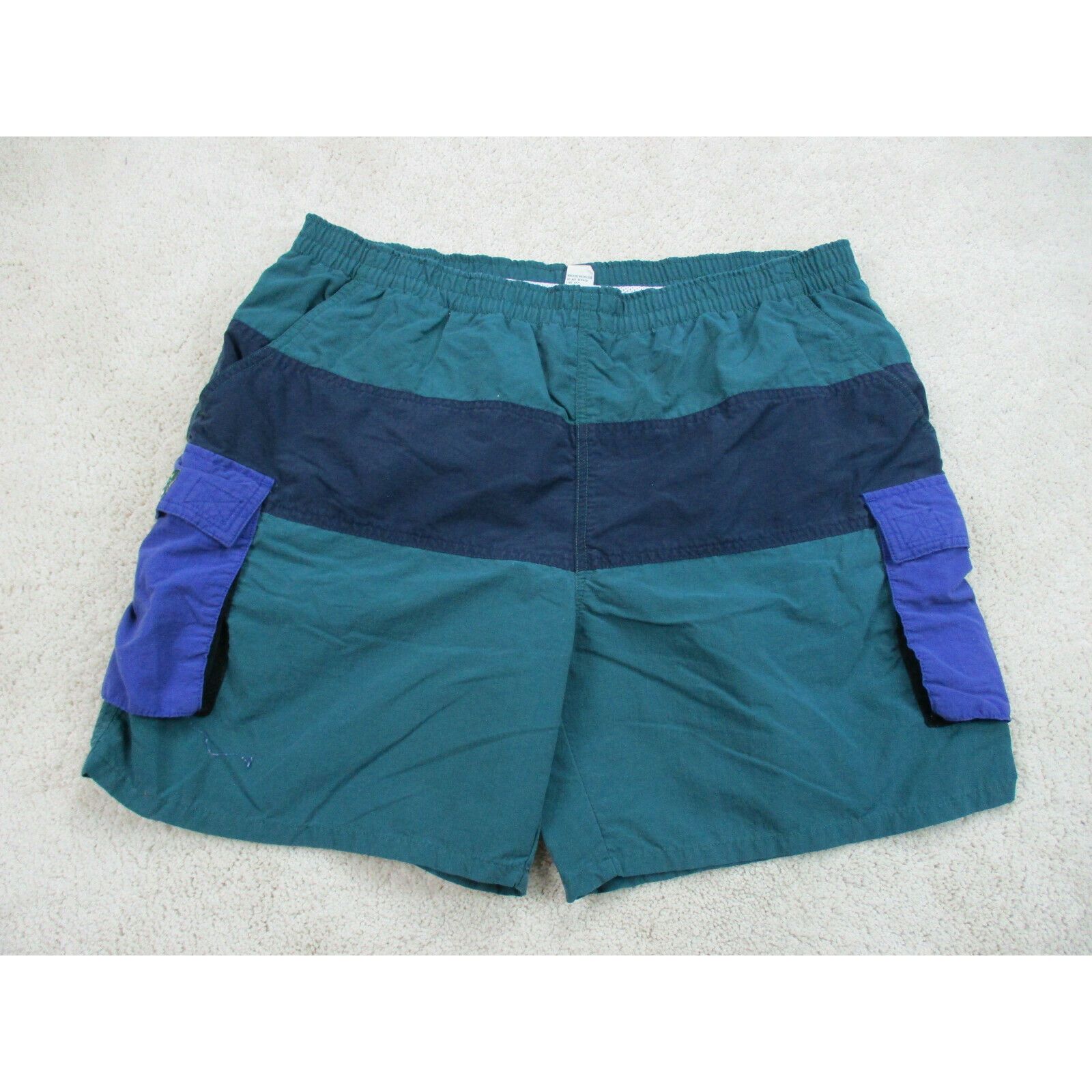 Vintage LL Bean Swim Trunks Adult Large Green Purple Cargo Bathing Suit