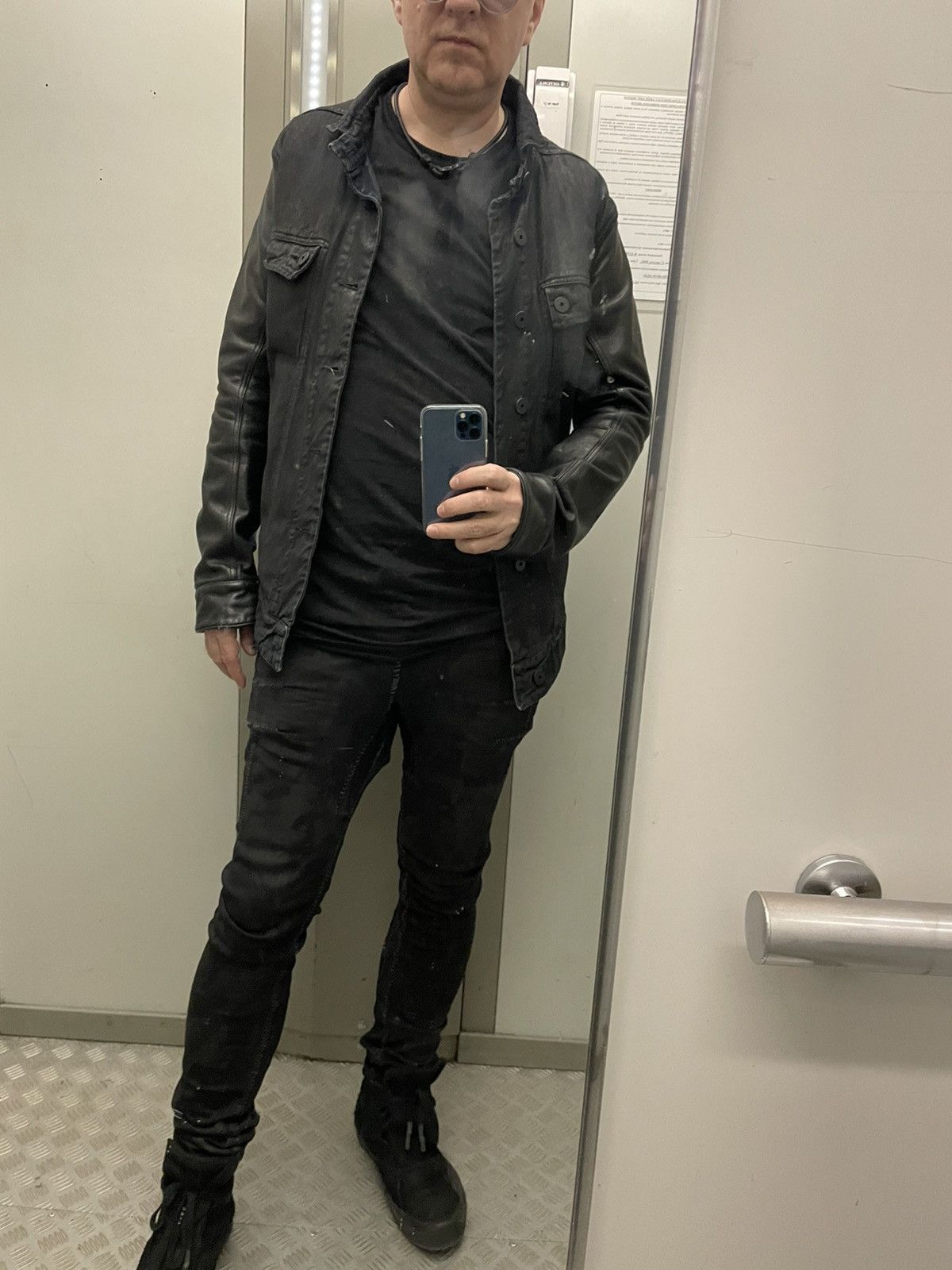 11 By Boris Bidjan Saberi BLACK WASH DENIM JACKET LEATHER SLEEVES 