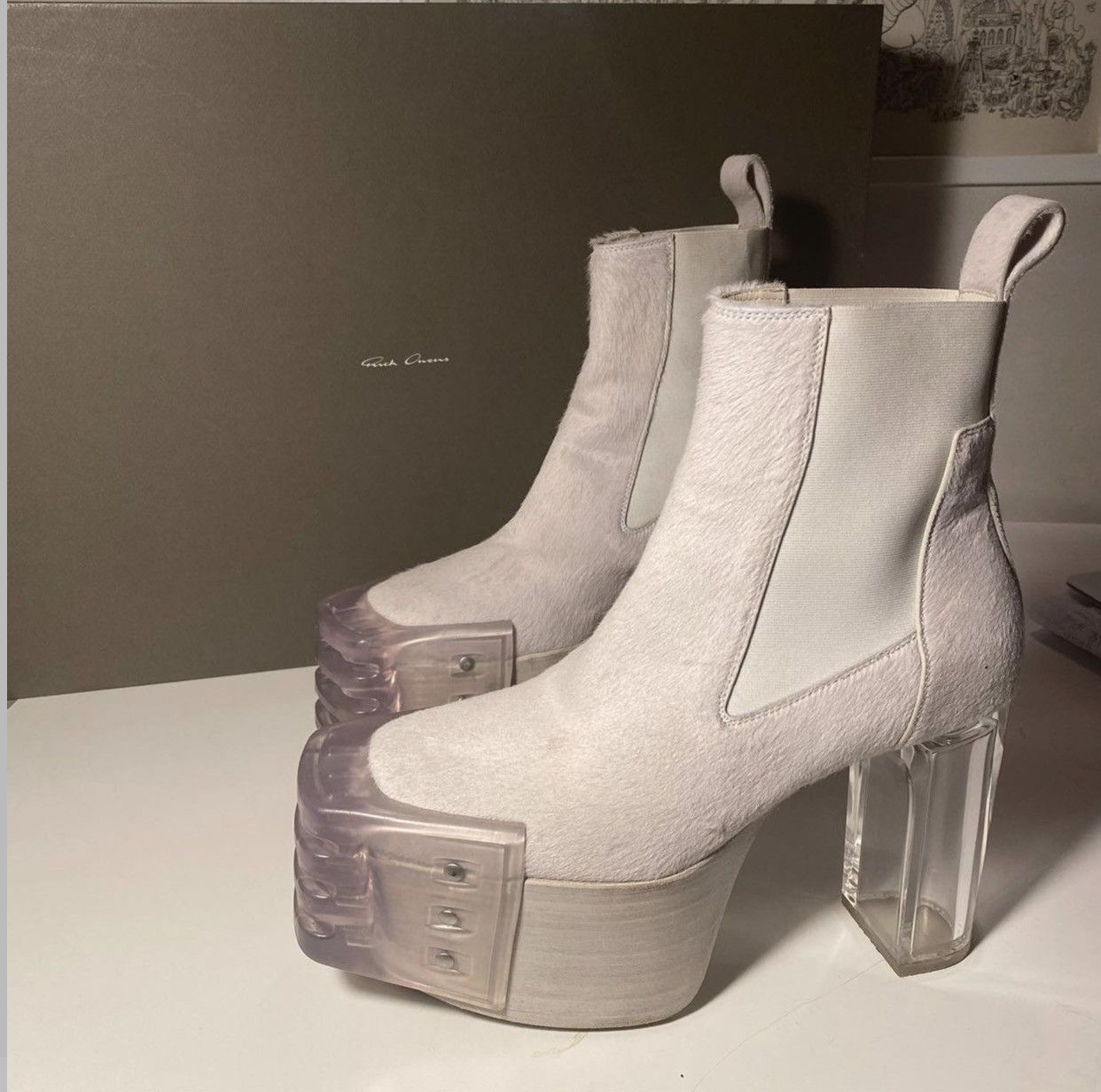Rick Owens NEW Tecuatl SS20 Runway Plexi Heel Pony Hair Kiss