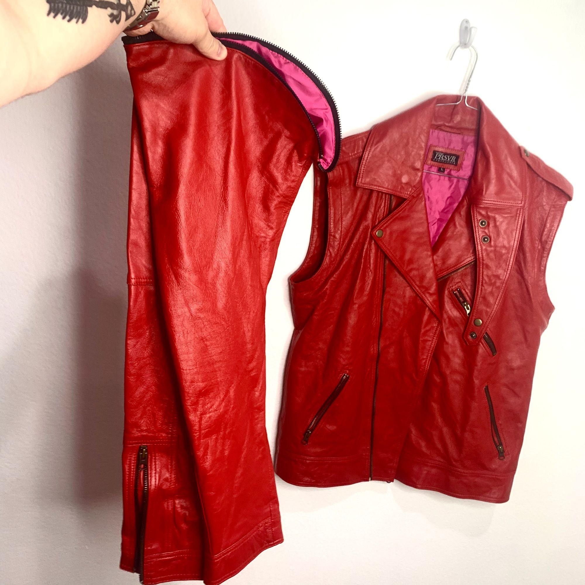 Vintage PRSVR Custom Genuine Red Leather Jacket Zip off Sleeves Size US L / EU 52-54 / 3 - 4 Thumbnail