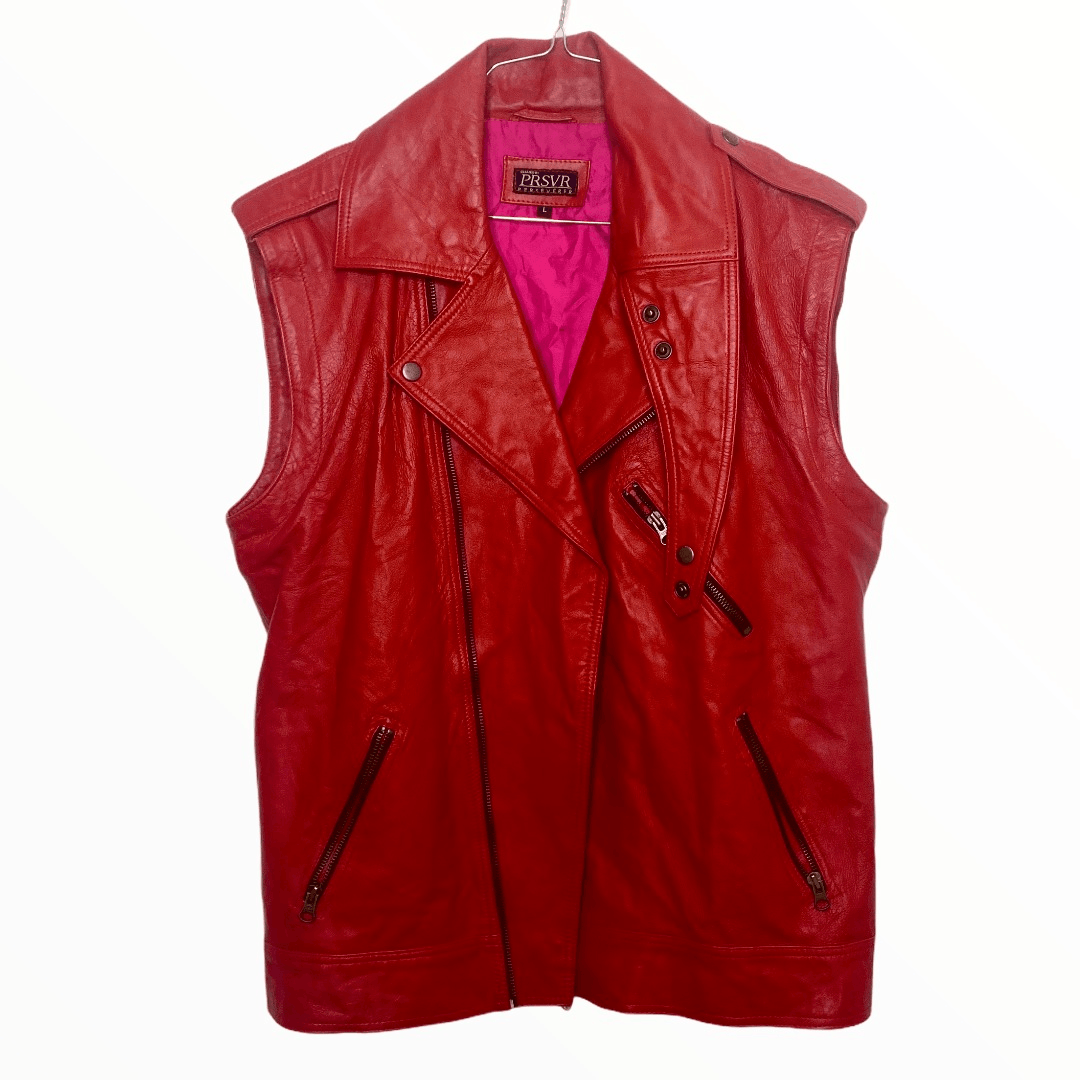 Vintage PRSVR Custom Genuine Red Leather Jacket Zip off Sleeves Size US L / EU 52-54 / 3 - 5 Thumbnail