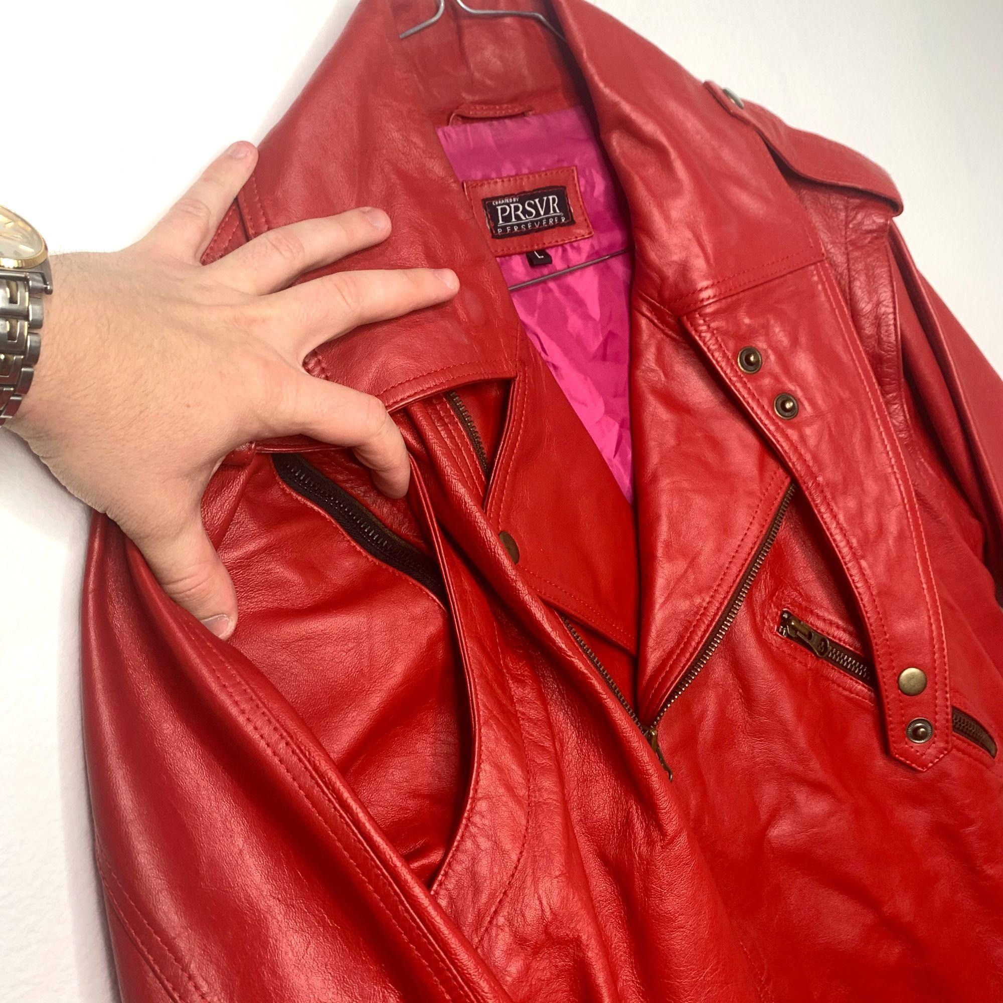 Vintage PRSVR Custom Genuine Red Leather Jacket Zip off Sleeves Size US L / EU 52-54 / 3 - 13 Thumbnail