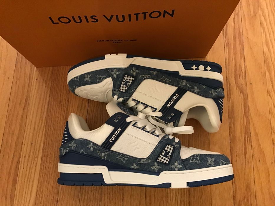 Louis Vuitton Monogram Logo Denim White Blue LV Trainer Sneaker
