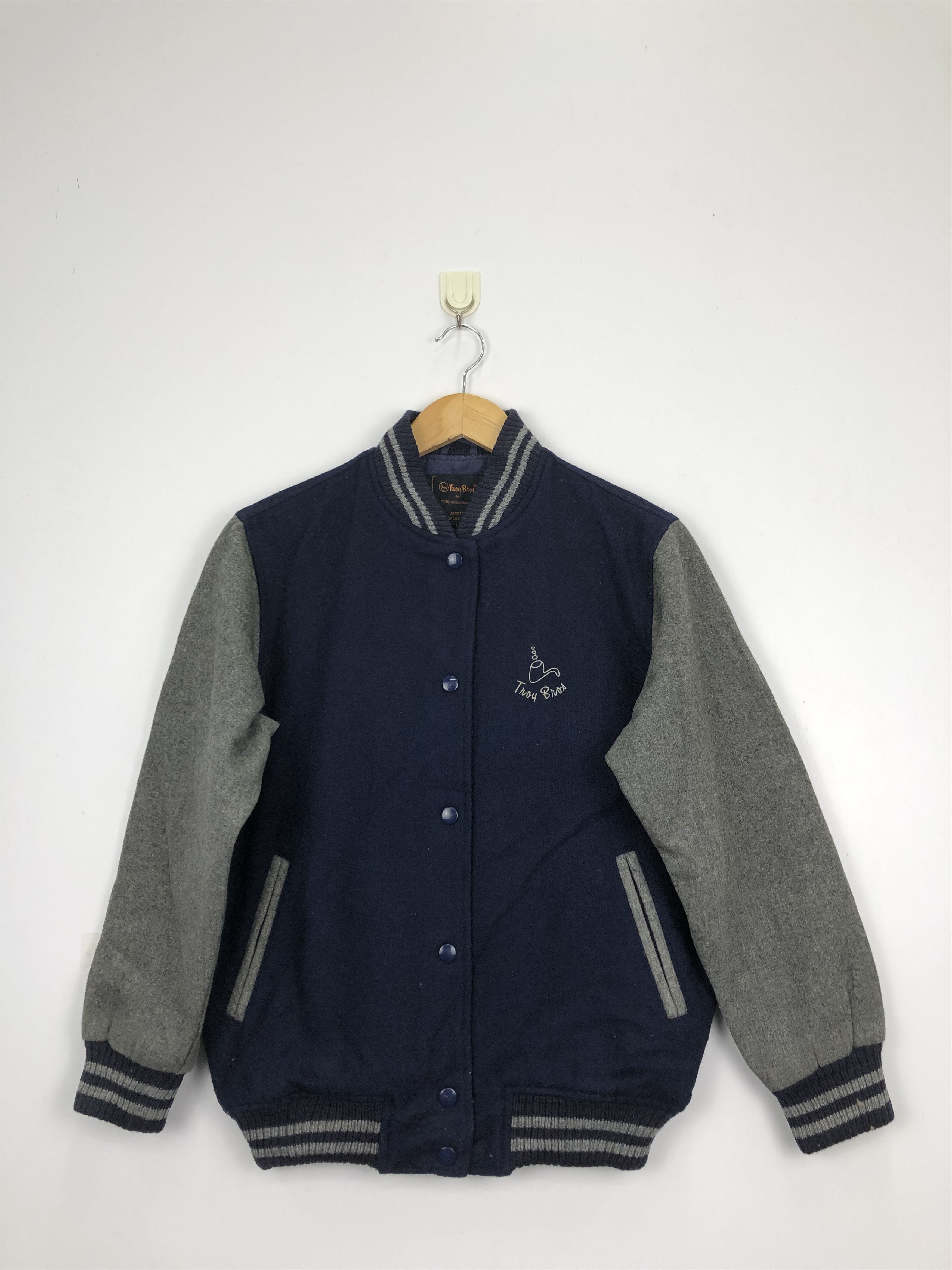 image of 90's Troy Bros Wool Varsity Jacket in Blue, Men's (Size Large)