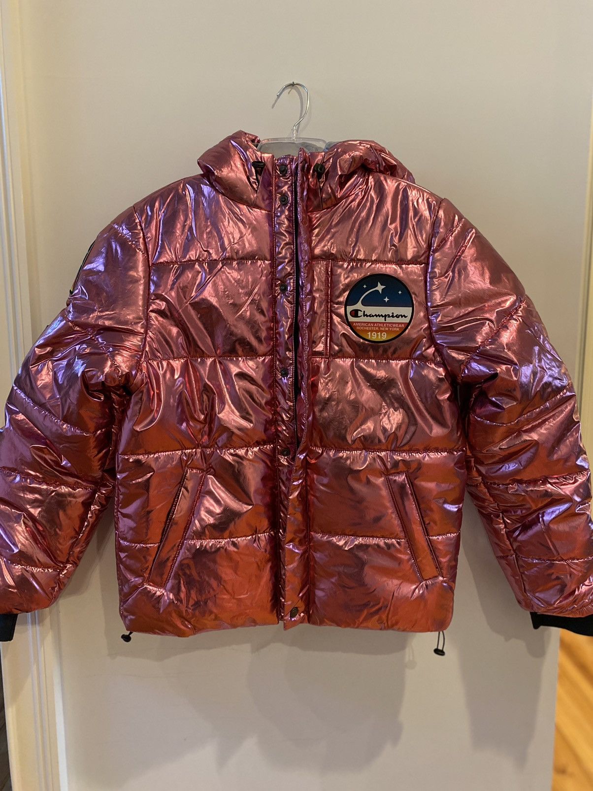 Champion metallic puffer hot sale jacket gold