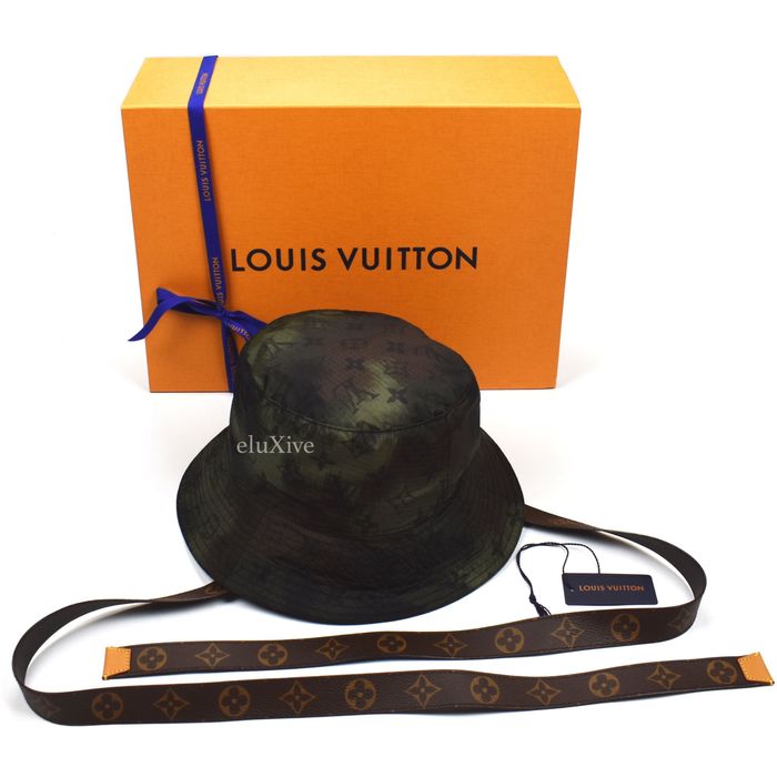 Louis Vuitton IKAT MONOGRAM CAMOUFLAGE Bucket Hat with Signature Straps. 58