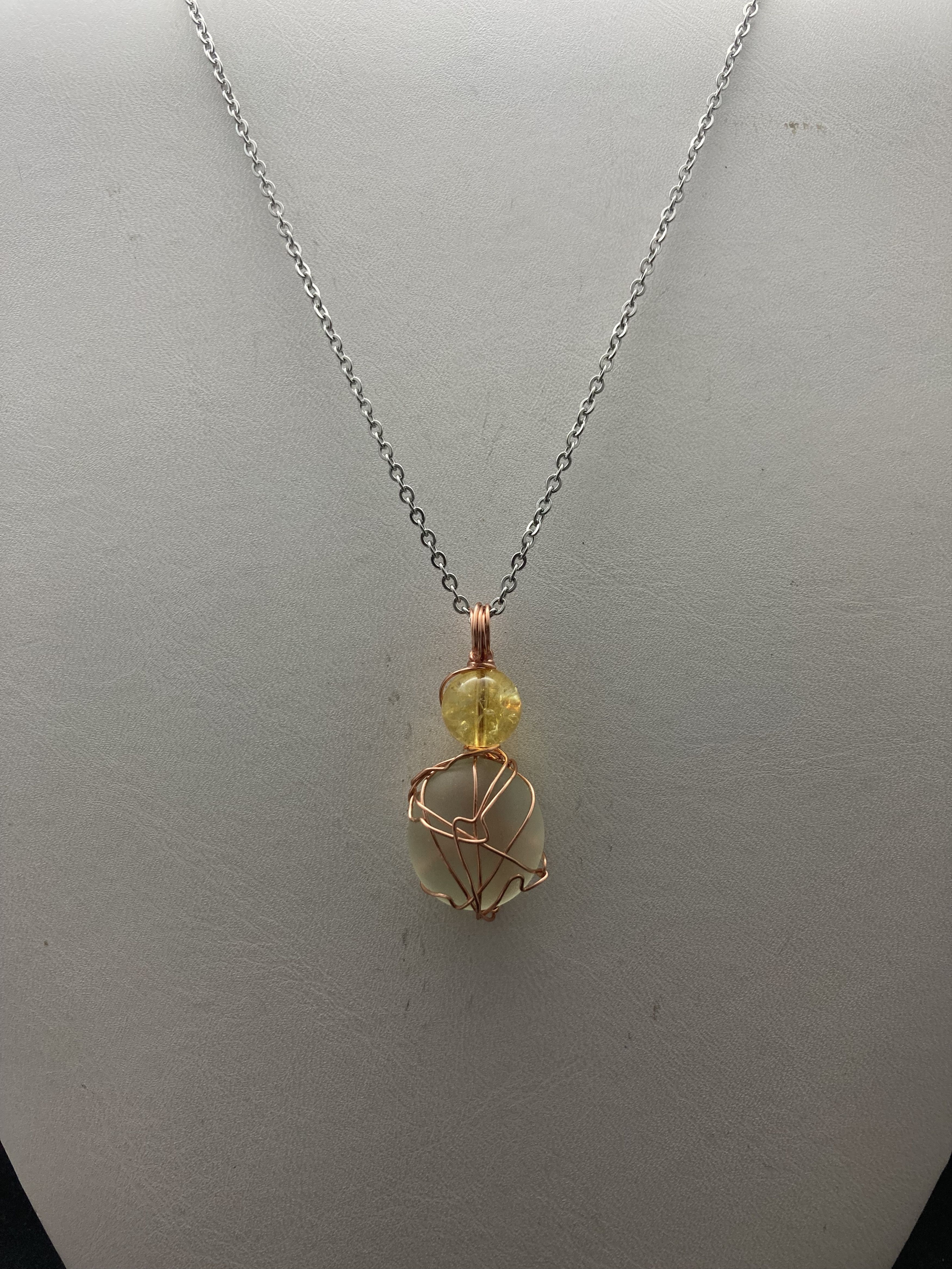 Moon glass stainless steel necklace with amber bead