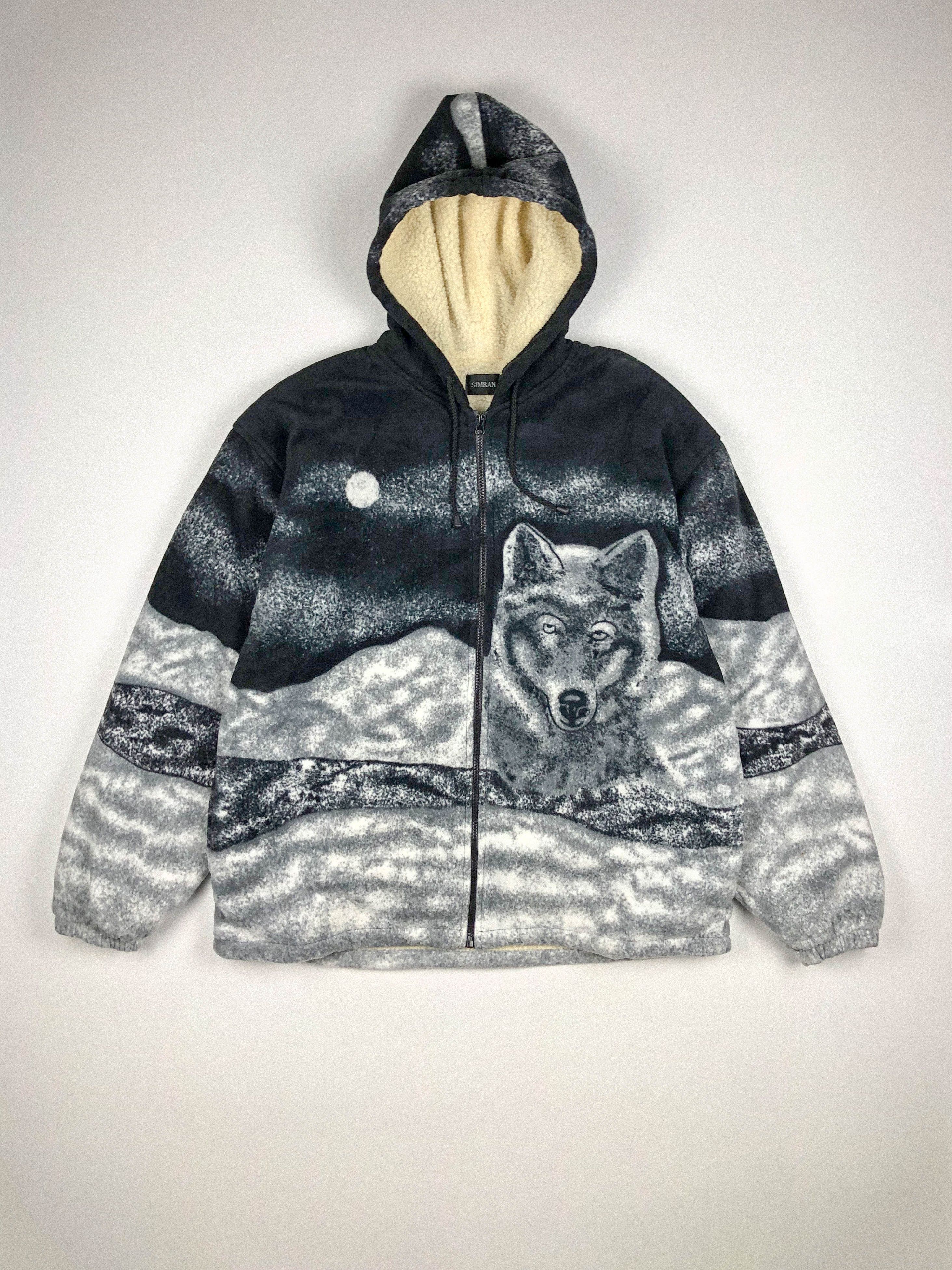 image of Italian Designers x Vintage Sherpa Fleece Hoodie Jacket Wolf Patterned in Grey, Men's (Size 2XL)