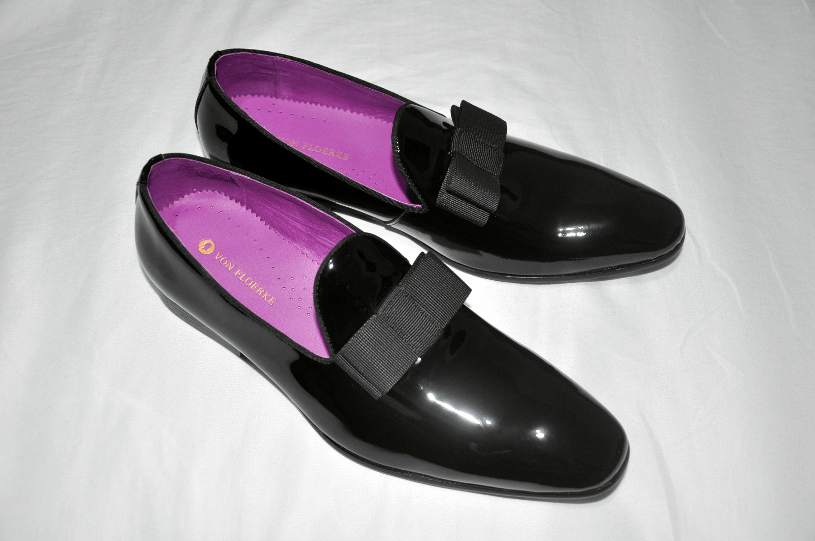 Designer VON FLOERKE BLACK PATENT LEATHER SMOKING TUXEDO SLIP-ONS Size US 11 / EU 44 - 7 Thumbnail