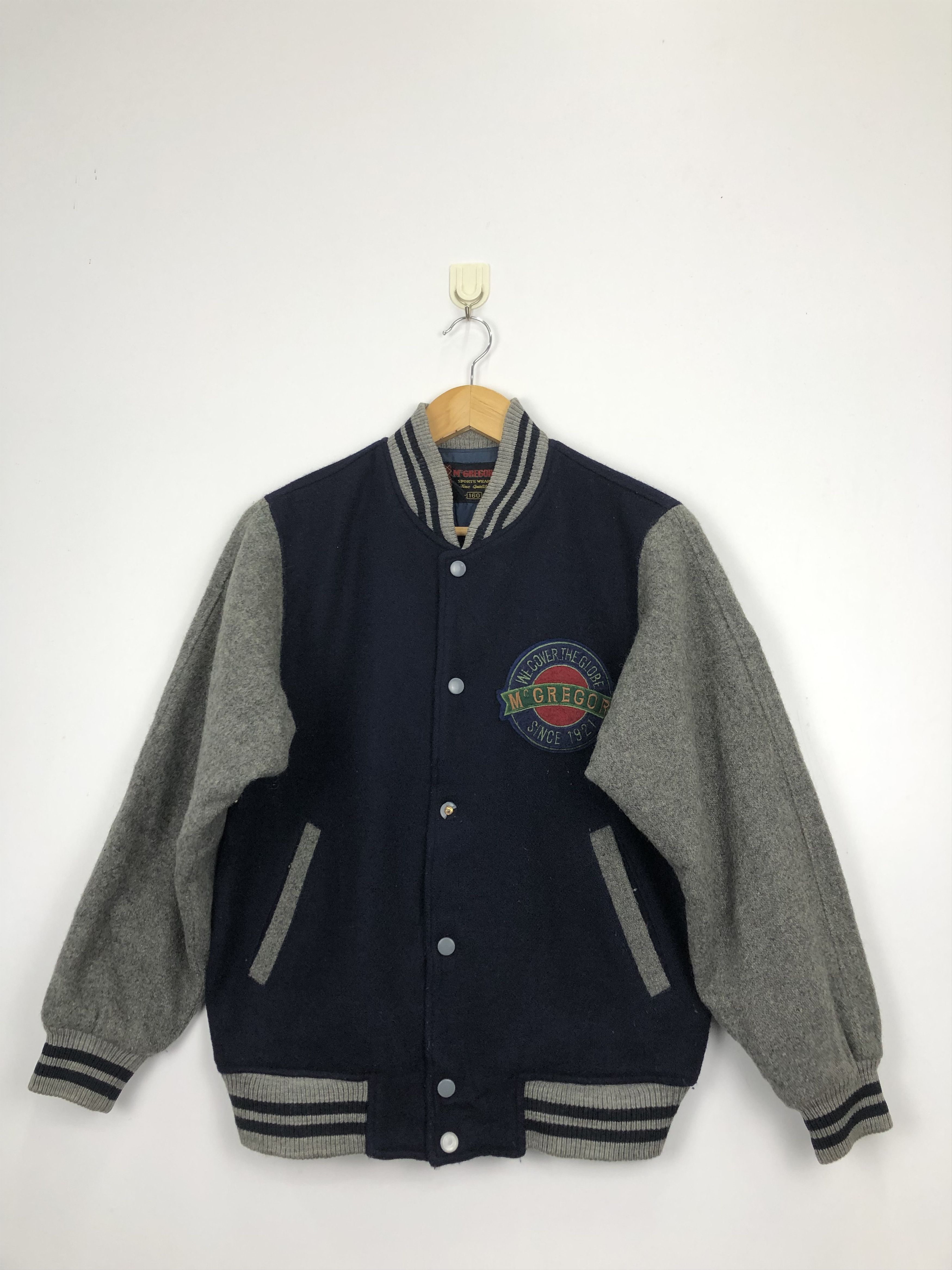 image of Vintage 90's Mcgregor Patches Logo Wool Varsity Jacket in Blue, Men's (Size Medium)