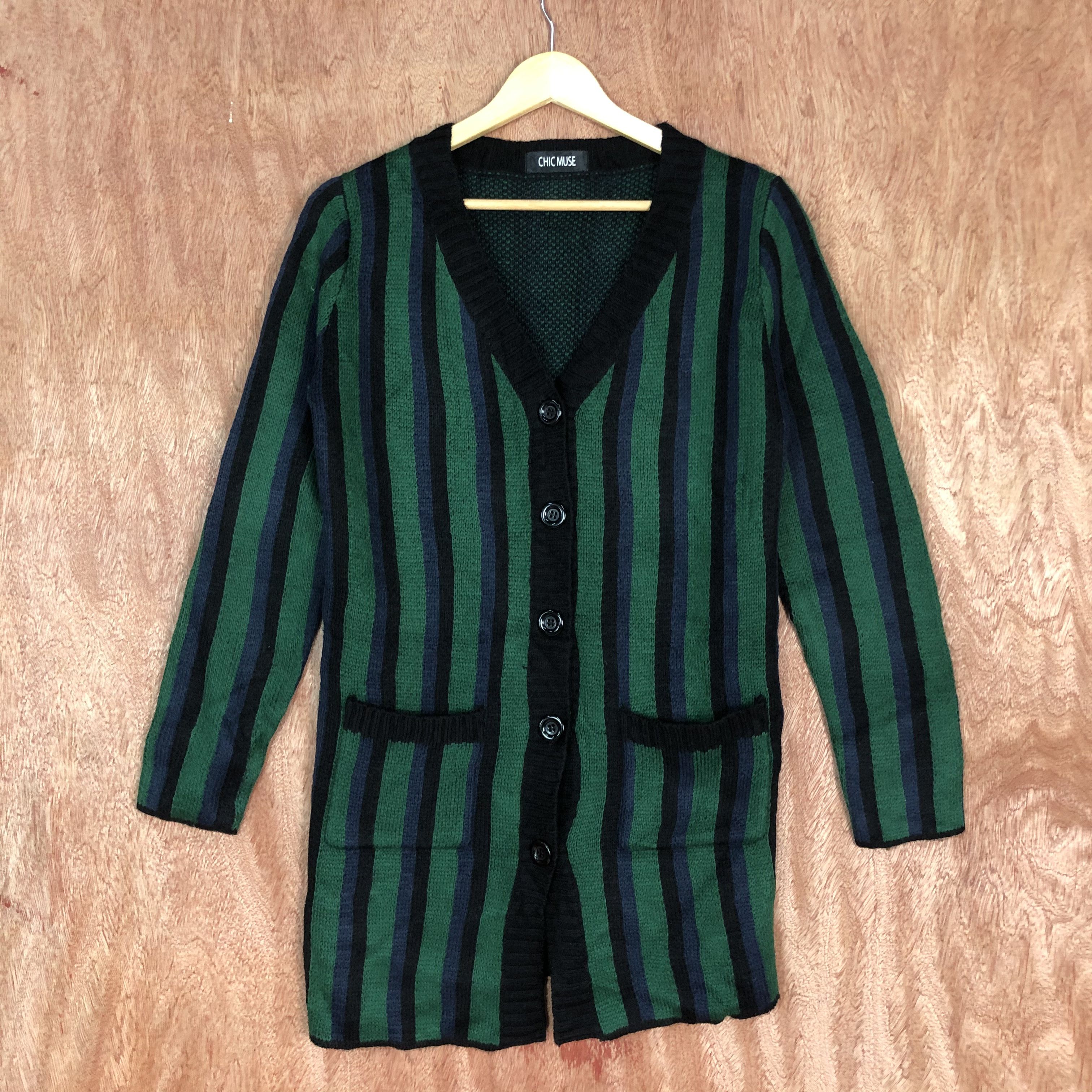 Homespun Knitwear × Japanese Brand Chic MUse Stripe Black Green Knitwer #c469 Size US M / EU 48-50 / 2 - 1 Thumbnail