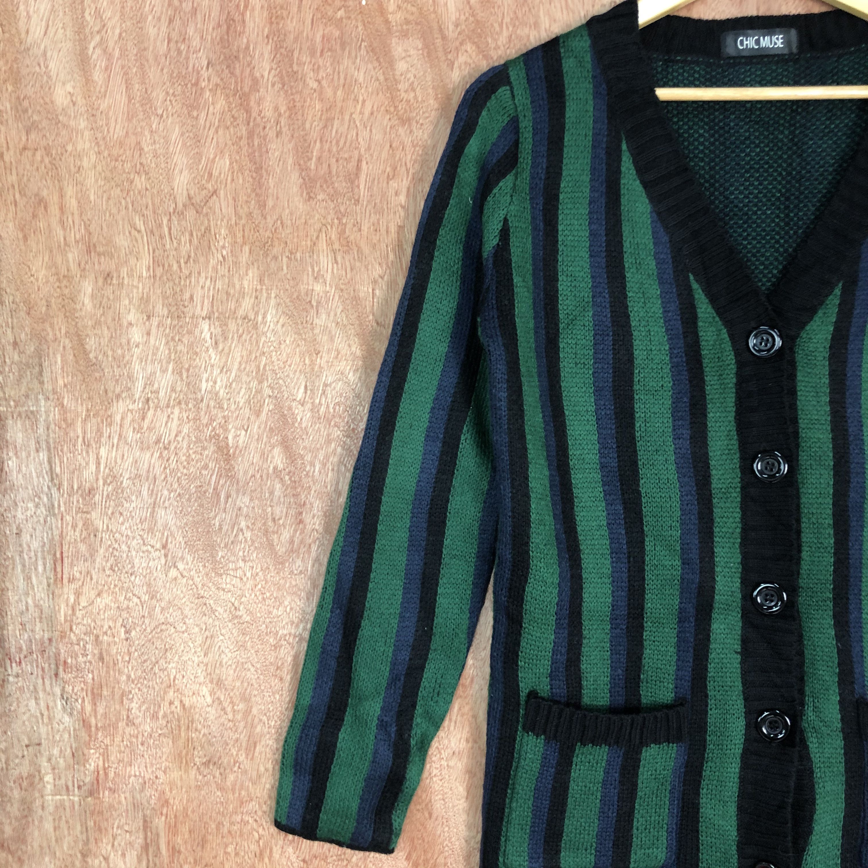 Homespun Knitwear × Japanese Brand Chic MUse Stripe Black Green Knitwer #c469 Size US M / EU 48-50 / 2 - 7 Thumbnail