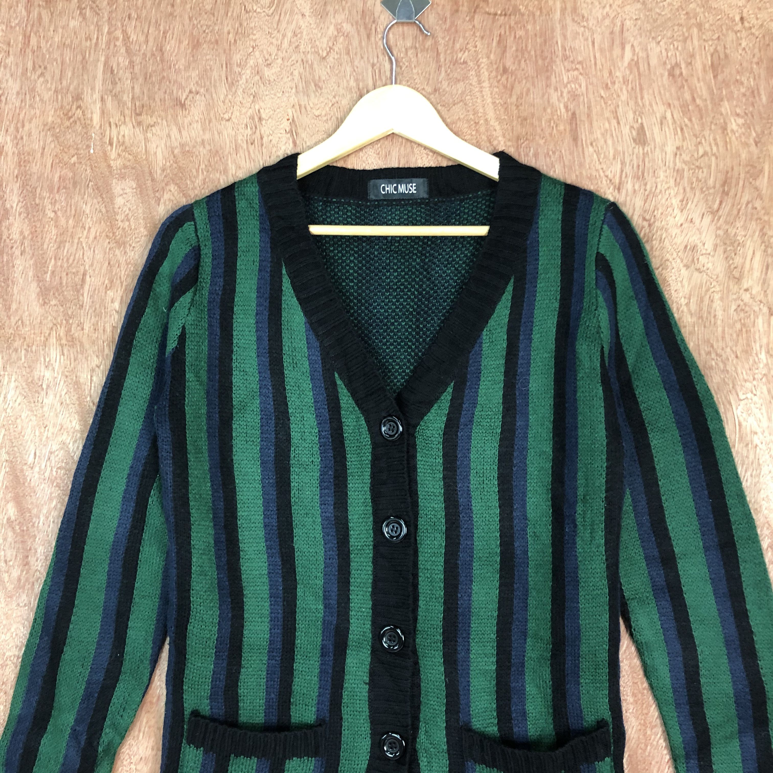 Homespun Knitwear × Japanese Brand Chic MUse Stripe Black Green Knitwer #c469 Size US M / EU 48-50 / 2 - 3 Thumbnail
