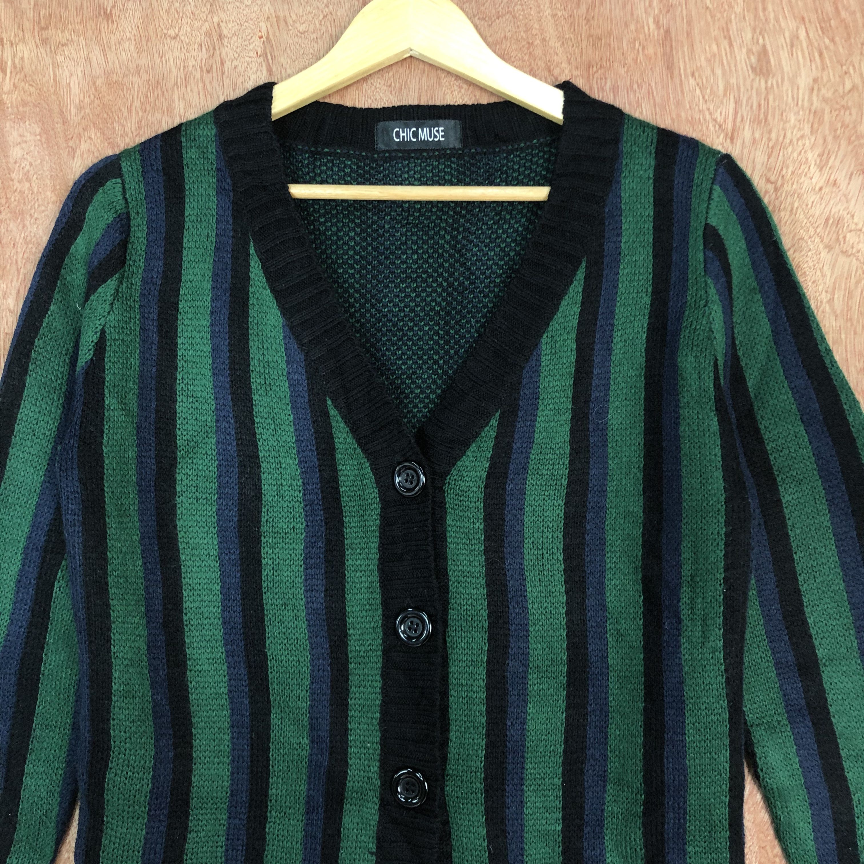 Homespun Knitwear × Japanese Brand Chic MUse Stripe Black Green Knitwer #c469 Size US M / EU 48-50 / 2 - 9 Thumbnail
