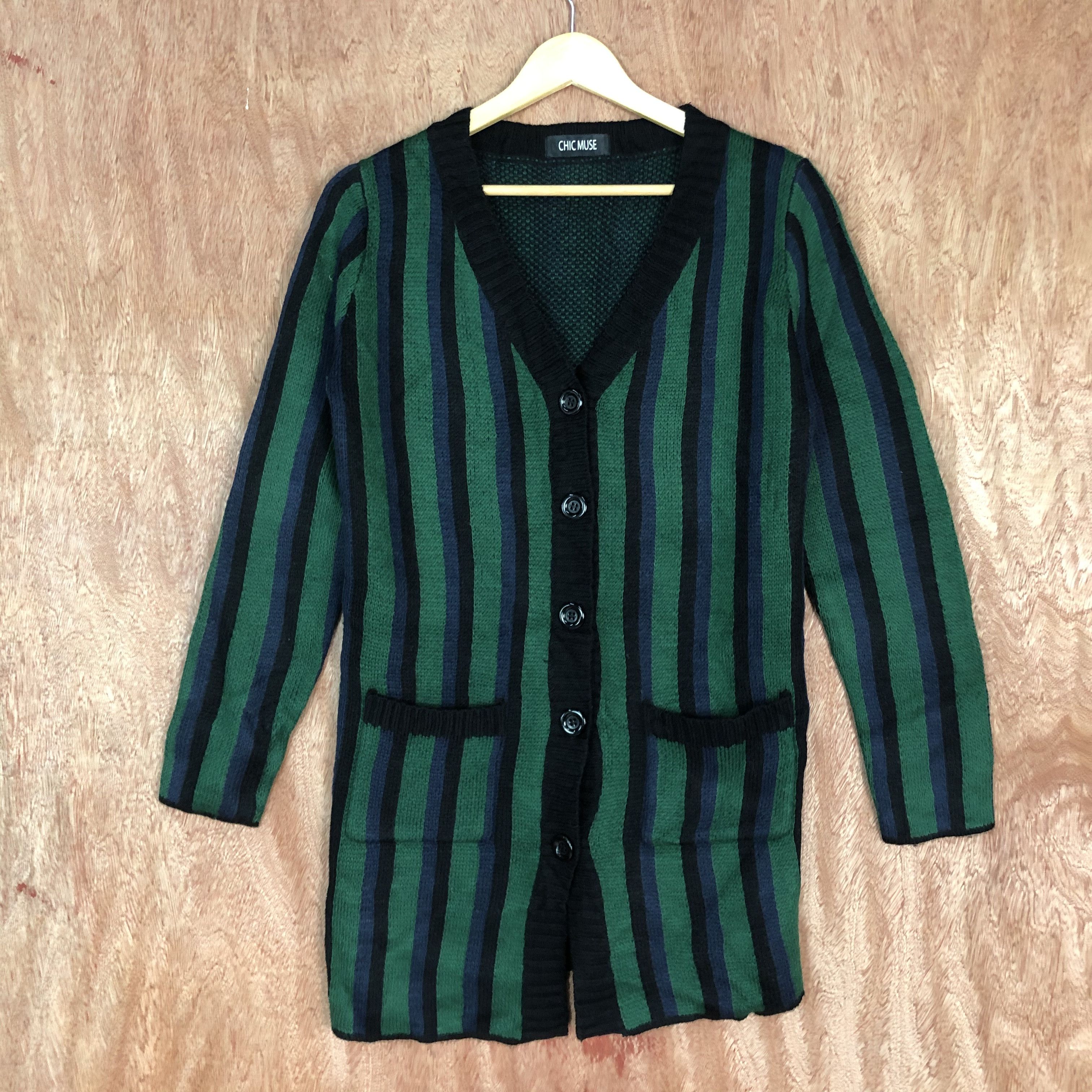 Homespun Knitwear × Japanese Brand Chic MUse Stripe Black Green Knitwer #c469 Size US M / EU 48-50 / 2 - 2 Thumbnail