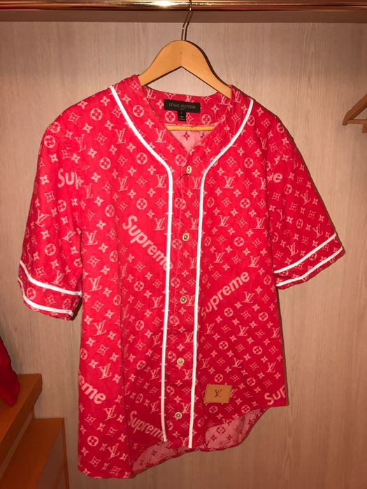 Supreme x Louis Vuitton Jacquard Denim Baseball Jersey Red