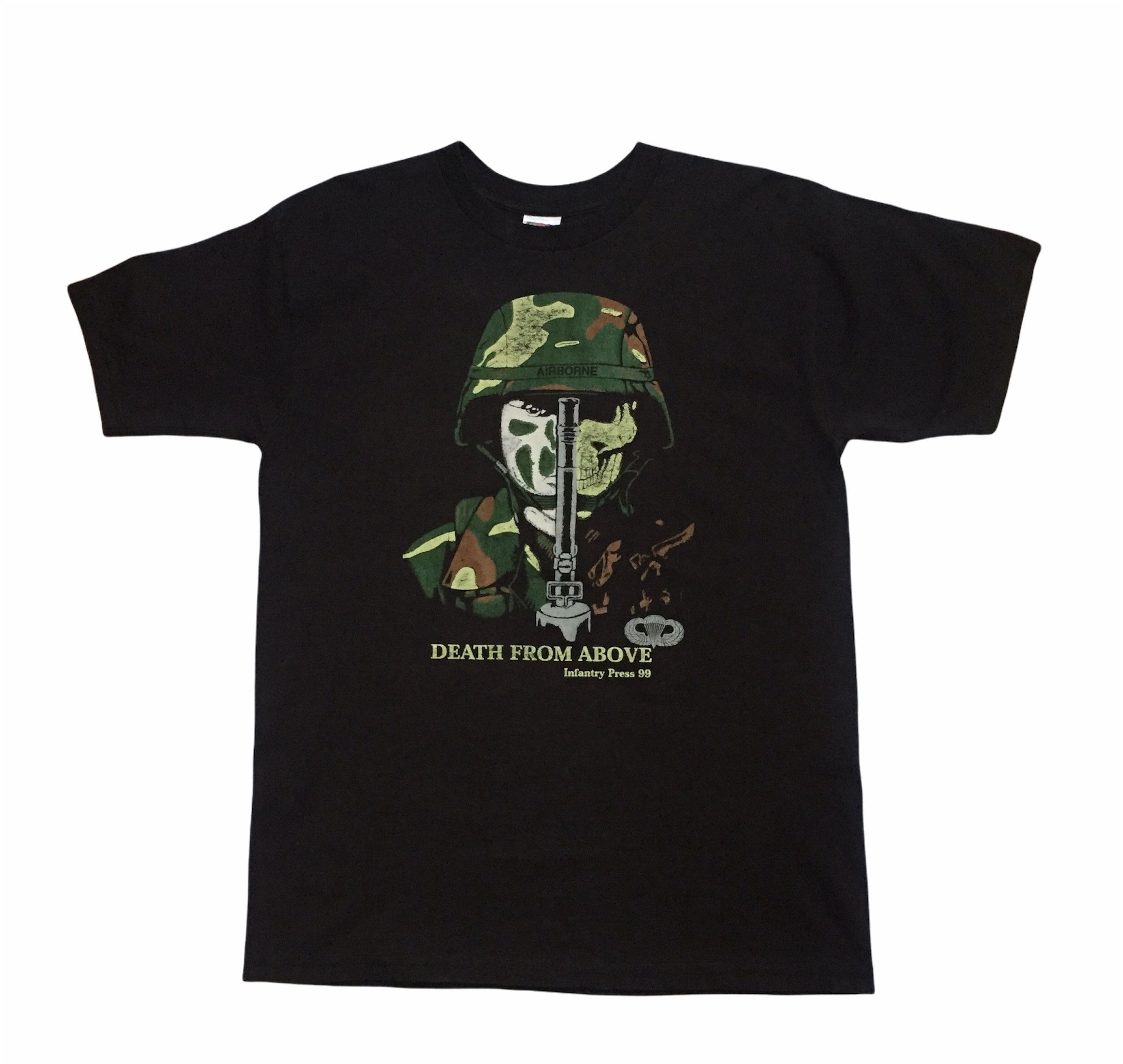 Fruit Of The Loom × Vintage VINTAGE 90s AIRBONE DEATH FROM ABOVE CAMO LOGO TSHIRT Size US L / EU 52-54 / 3 - 4 Thumbnail