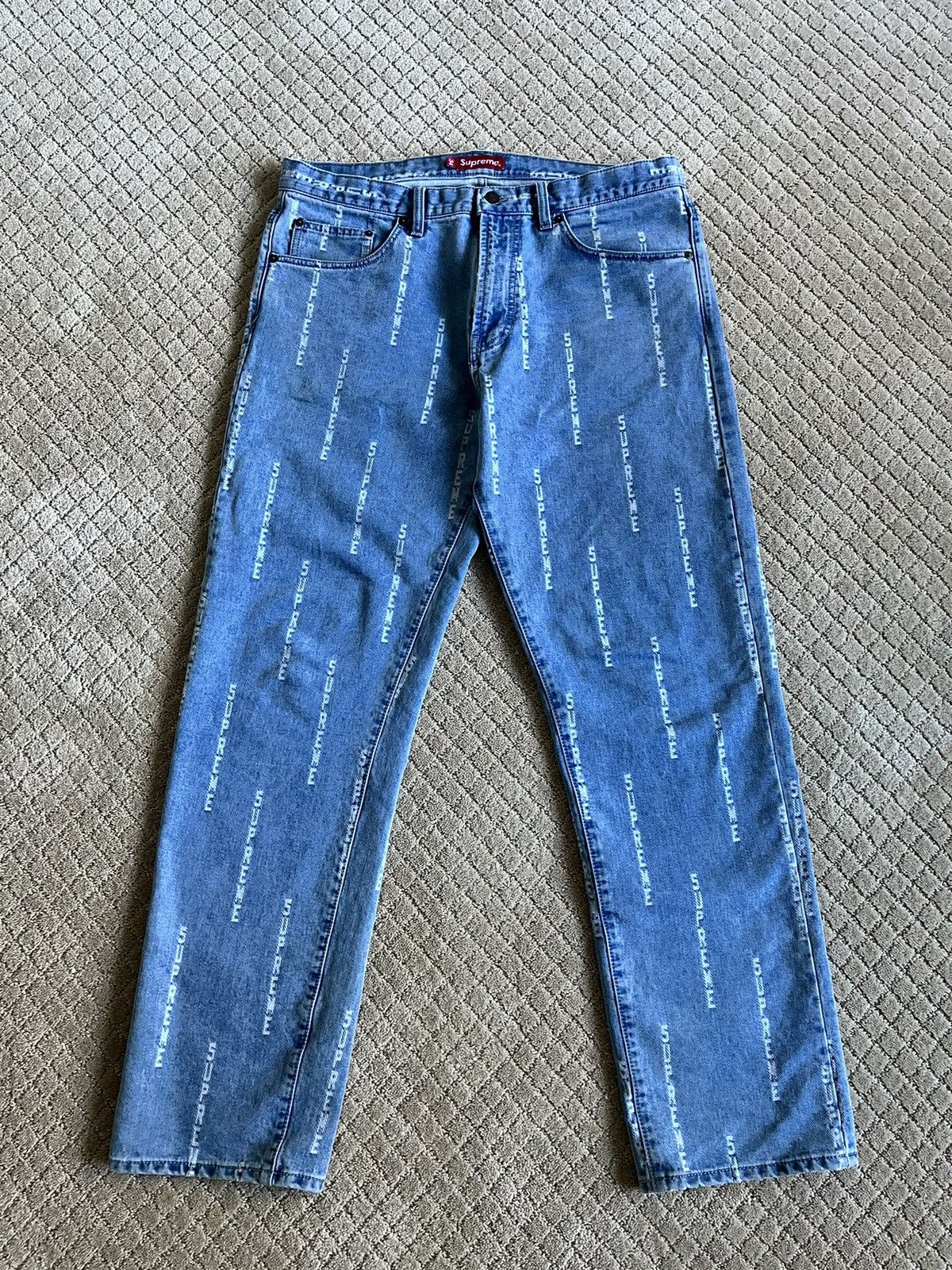 Supreme Supreme Logo Stripe Jacquard Regular Jean Blue FW20 Sz 34