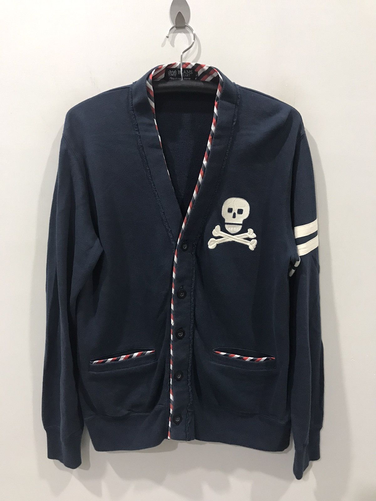 image of Beams Plus x Skulls Beams Heart Japan Skull Cardigan in Navy, Men's (Size Large)
