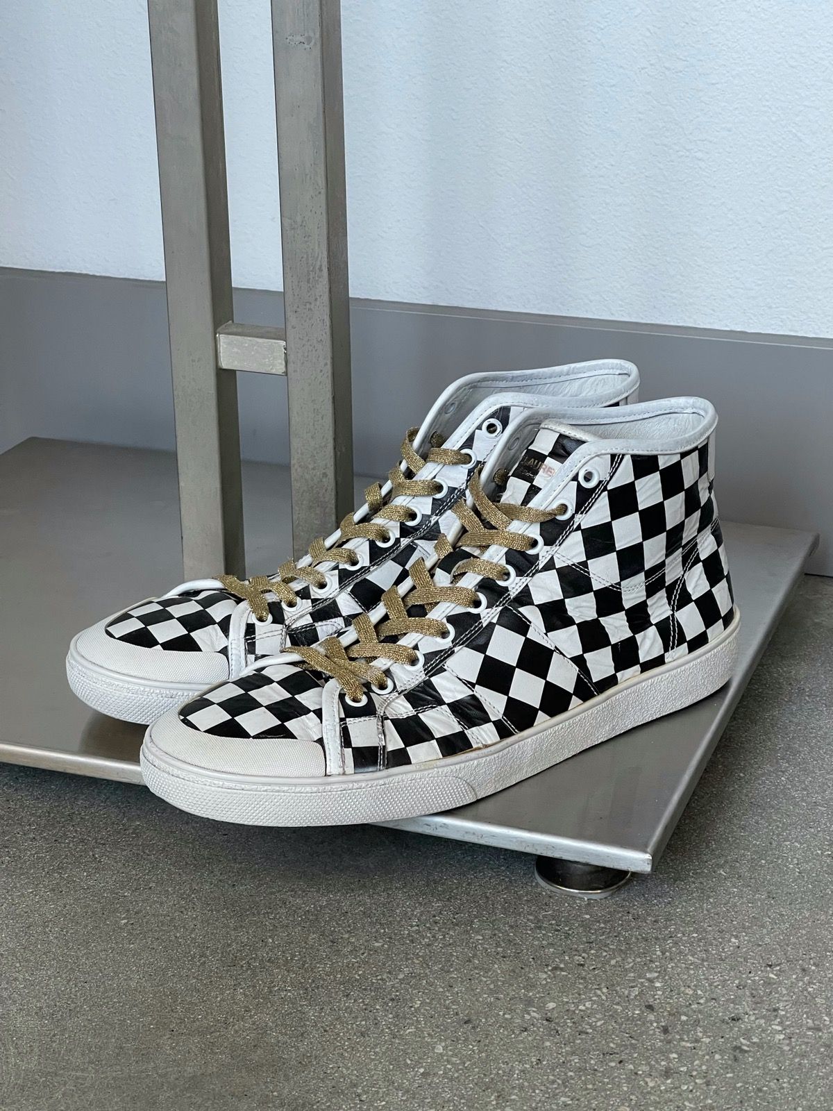 Saint Laurent Paris SLP Checkered Sneakers w/ Gold Lacing | Grailed