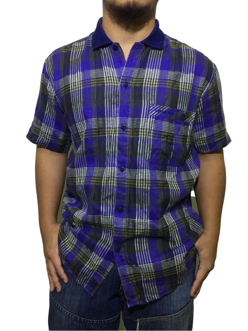 image of Vintage Lancel Paris Tartan Button-Ups Shirt in Blue Tartan, Men's (Size Medium)