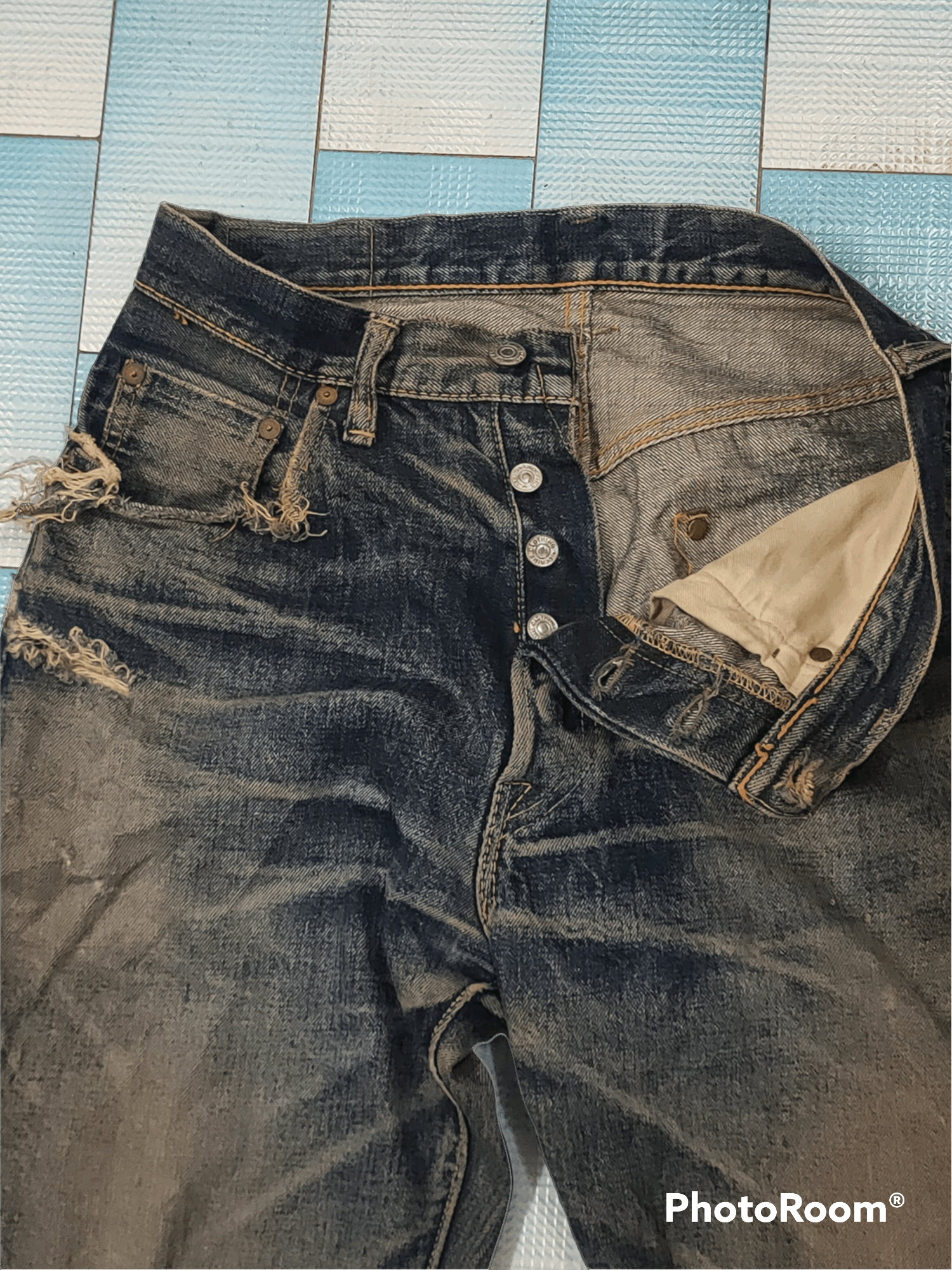 Denime Denime salverage vintage distressed denim button fly 🇯🇵 Size US 29 - 2 Thumbnail