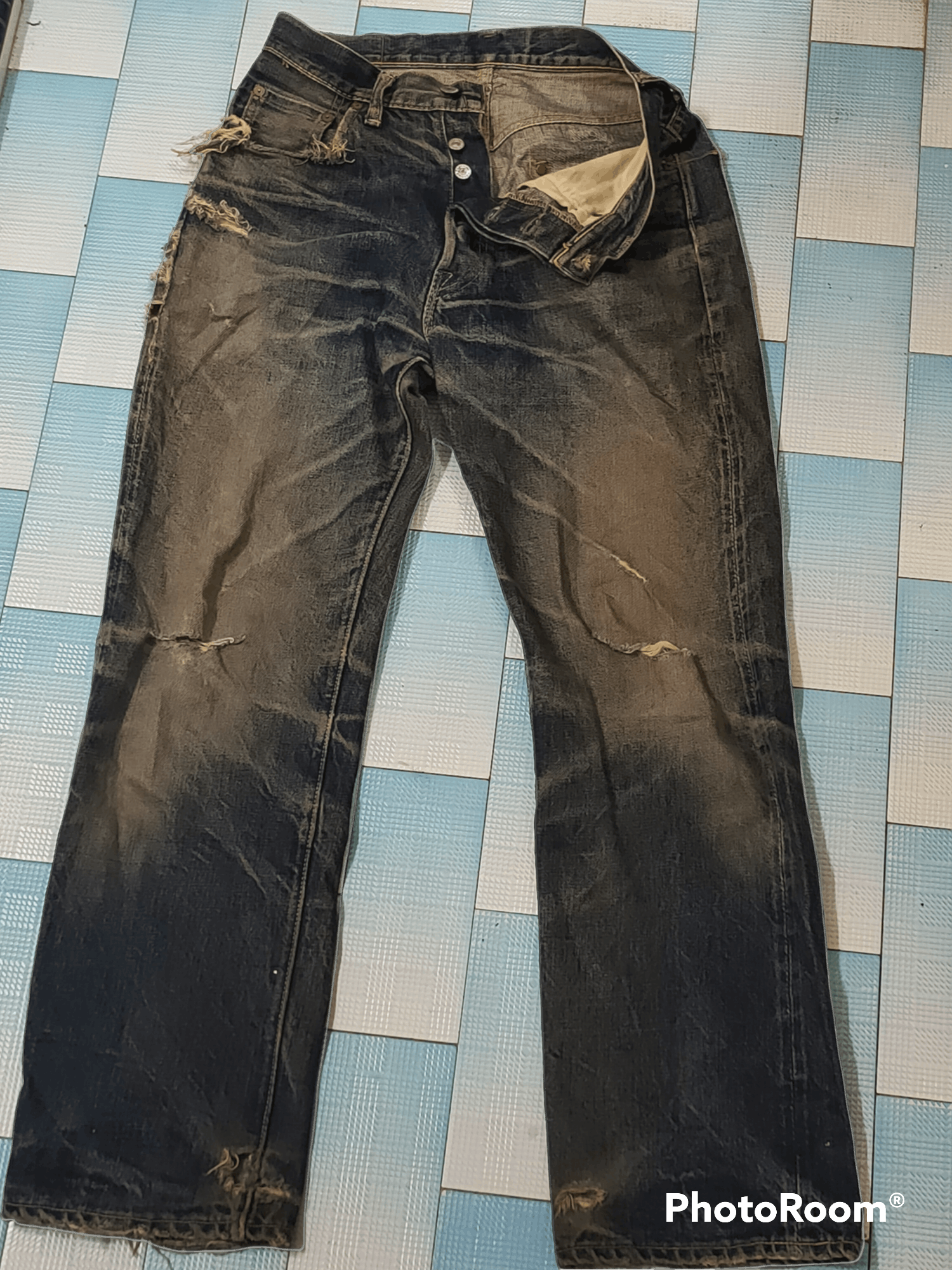 Denime salverage vintage distressed denim button fly 🇯🇵
