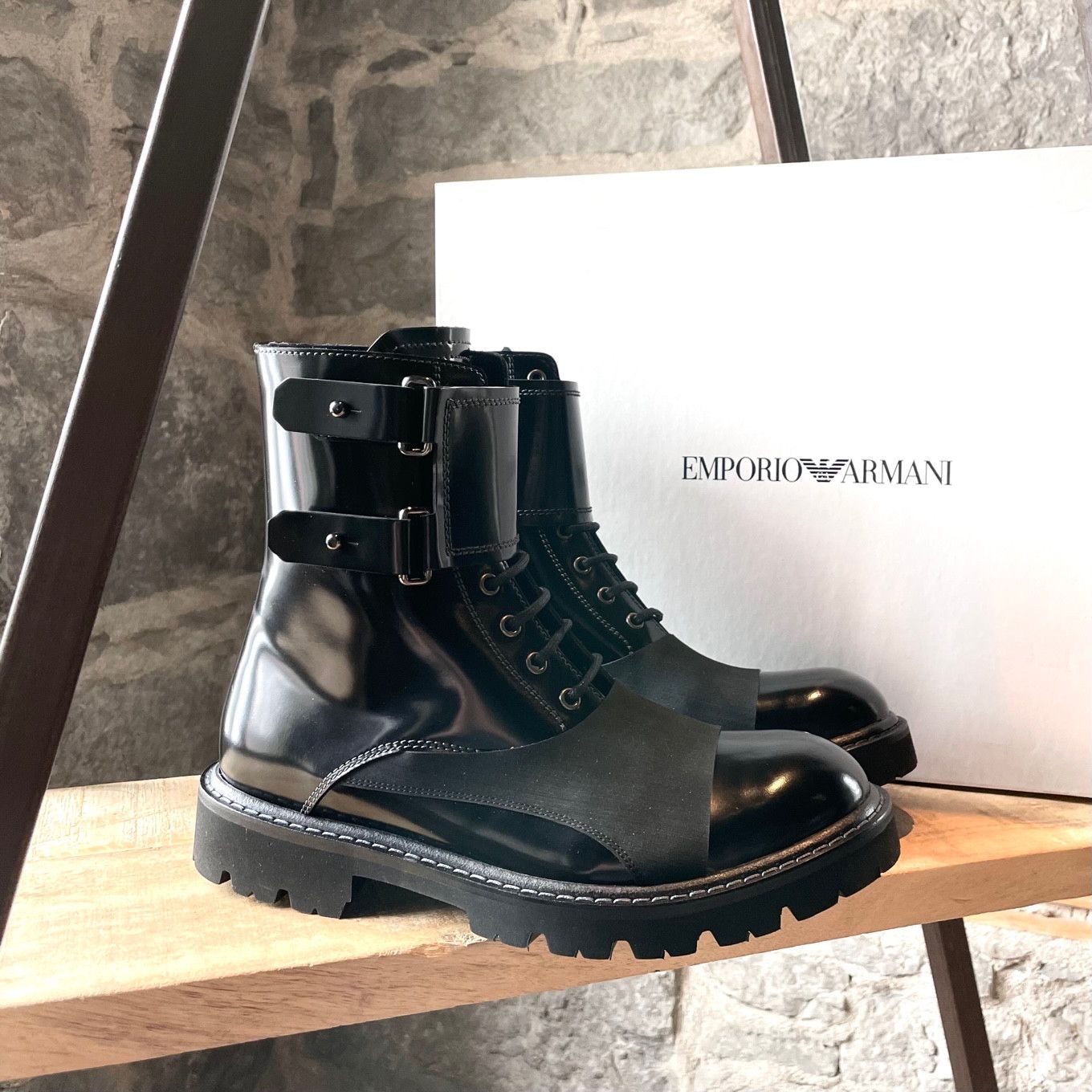 Emporio Armani Emporio Armani Black Patent Leather Combat Boots Size US 8 / EU 41 - 1 Thumbnail