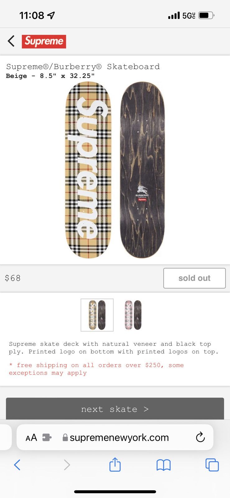 Supreme Supreme Burberry Skateboard Beige Skate Deck Tan | Grailed