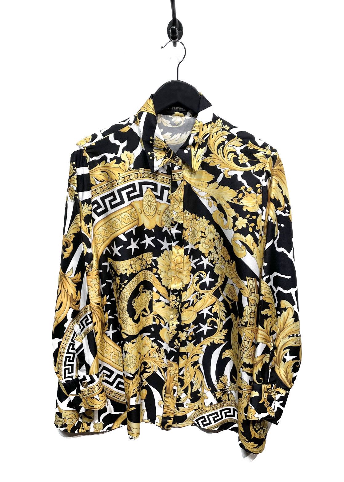 Versace Versace Black Gold Hibiscus Print Silk Shirt Size L / US 10 / IT 46 - 1 Thumbnail