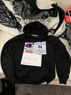 Supreme champion label hot sale hooded sweatshirt black