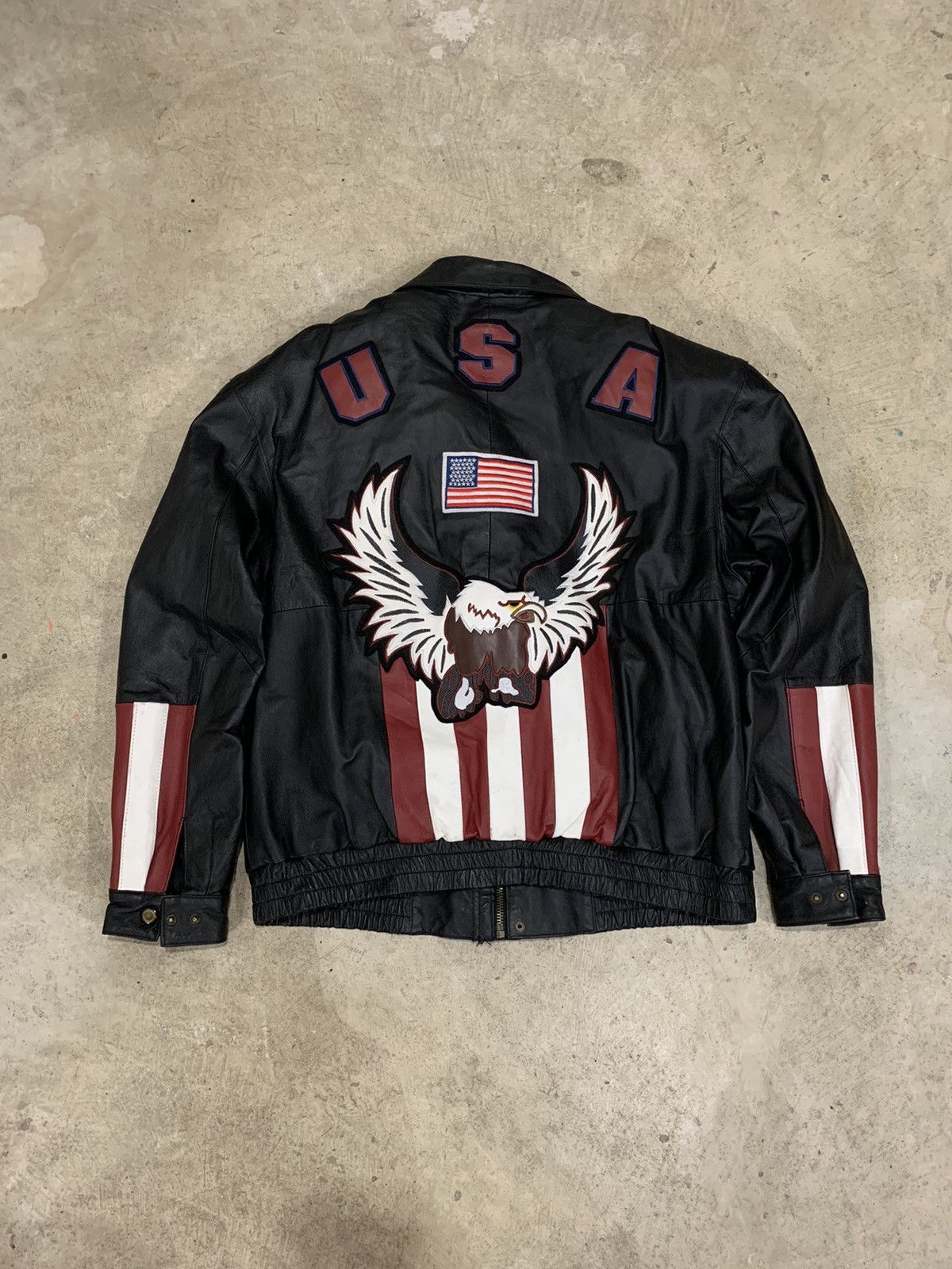 Vintage USA Flag shops Eagle black genuine leather jacket motorcycle Biker Men size L