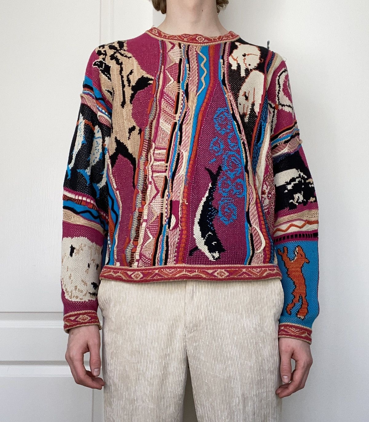 RARE Kapital 7 Gauge Knit Ainu Coogi Sweater Magenta
